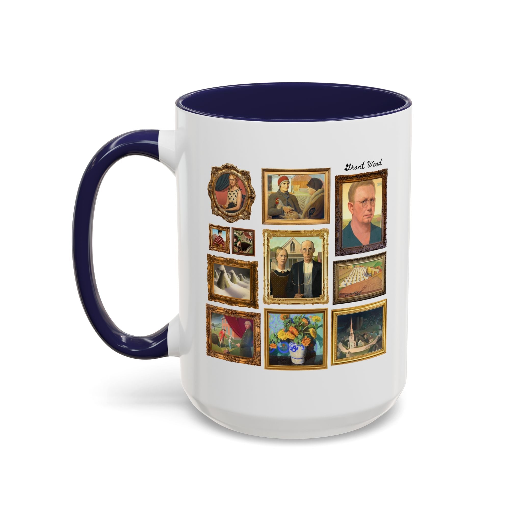 Grant Wood Art History Coffee Mug with Famous Paintings Including American Gothic, The Midnight Ride of Paul Revere, Regionalism 1900s Art - Opal and June
