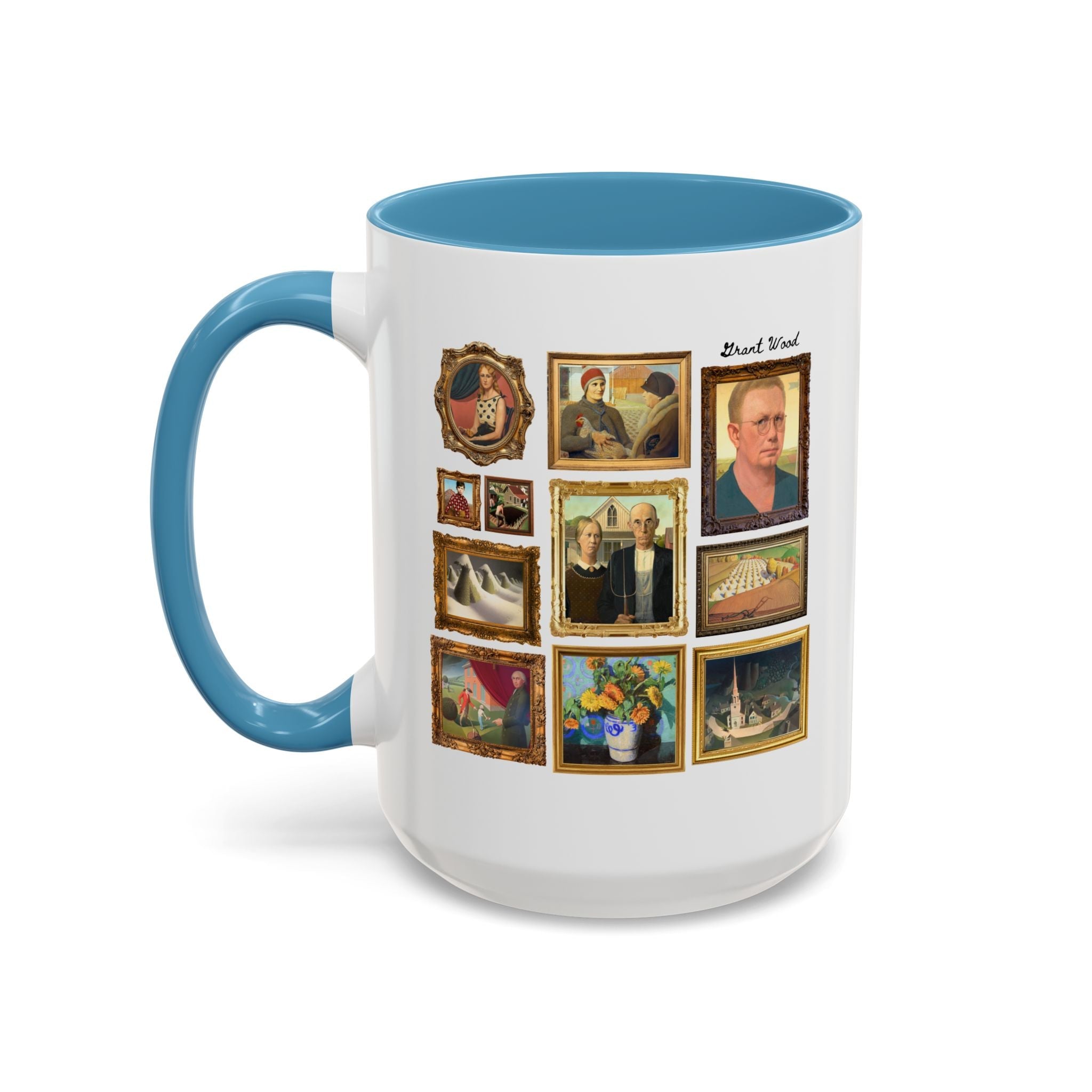 Grant Wood Art History Coffee Mug with Famous Paintings Including American Gothic, The Midnight Ride of Paul Revere, Regionalism 1900s Art - Opal and June