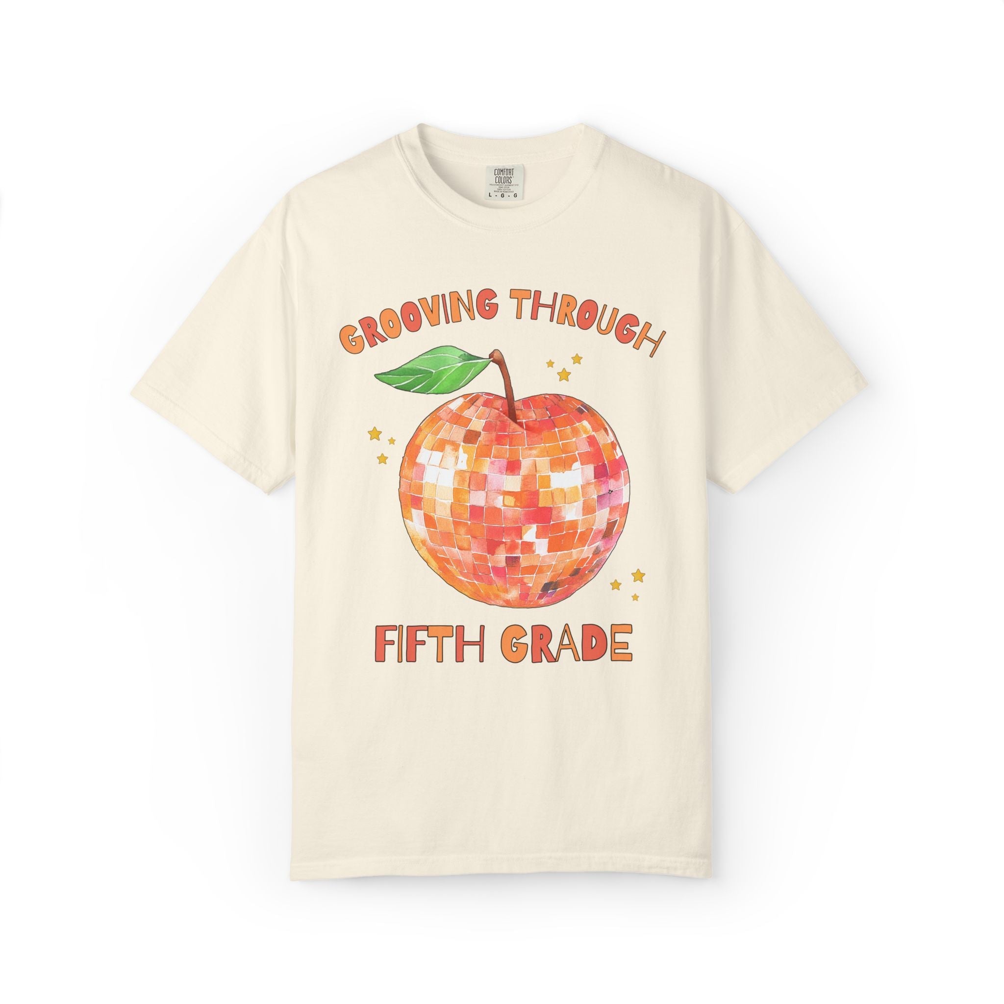 Grooving Through Fifth Grade Teacher Tee Shirt with Disco Apple and Stars: Matching Teacher Team T-Shirt for Back to School or Testing Day - Opal and June