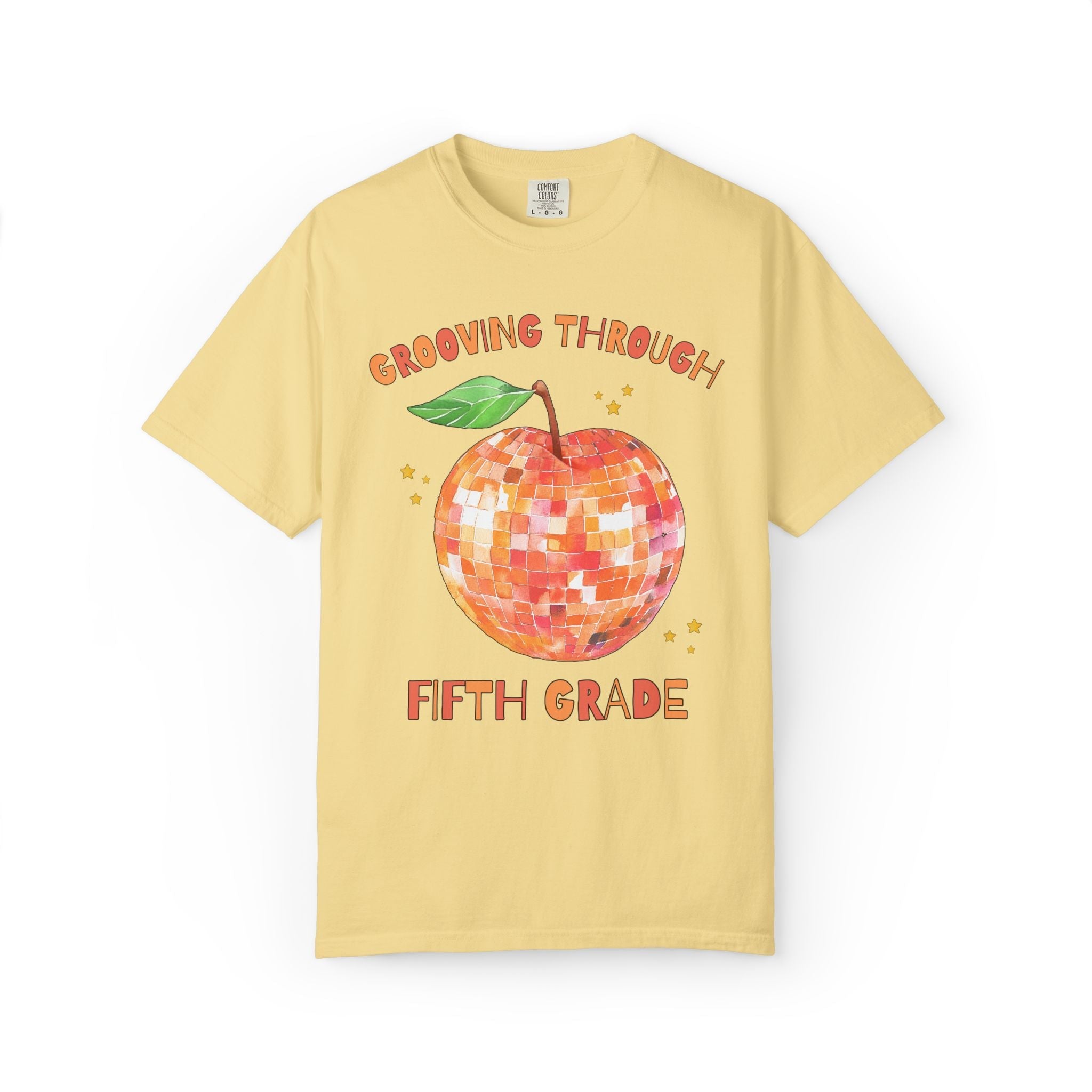 Grooving Through Fifth Grade Teacher Tee Shirt with Disco Apple and Stars: Matching Teacher Team T-Shirt for Back to School or Testing Day - Opal and June