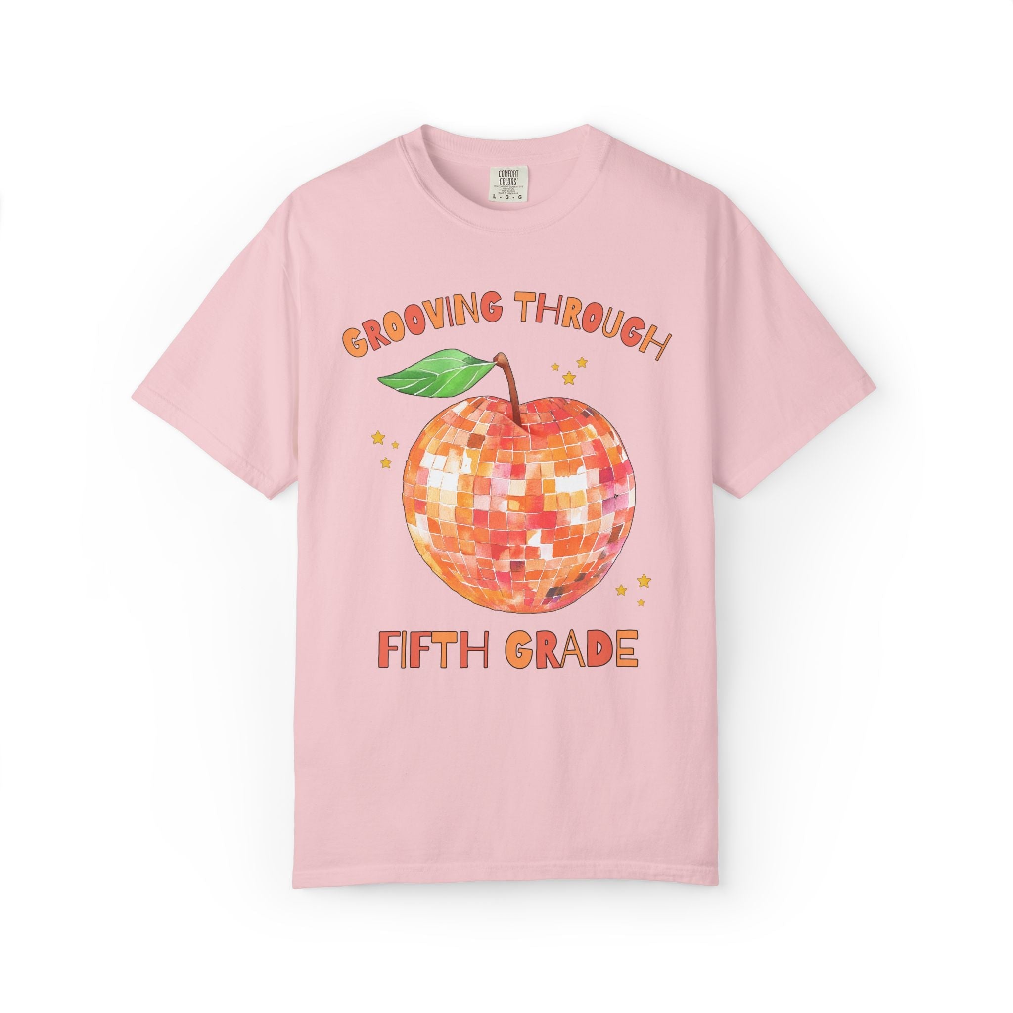 Grooving Through Fifth Grade Teacher Tee Shirt with Disco Apple and Stars: Matching Teacher Team T-Shirt for Back to School or Testing Day - Opal and June