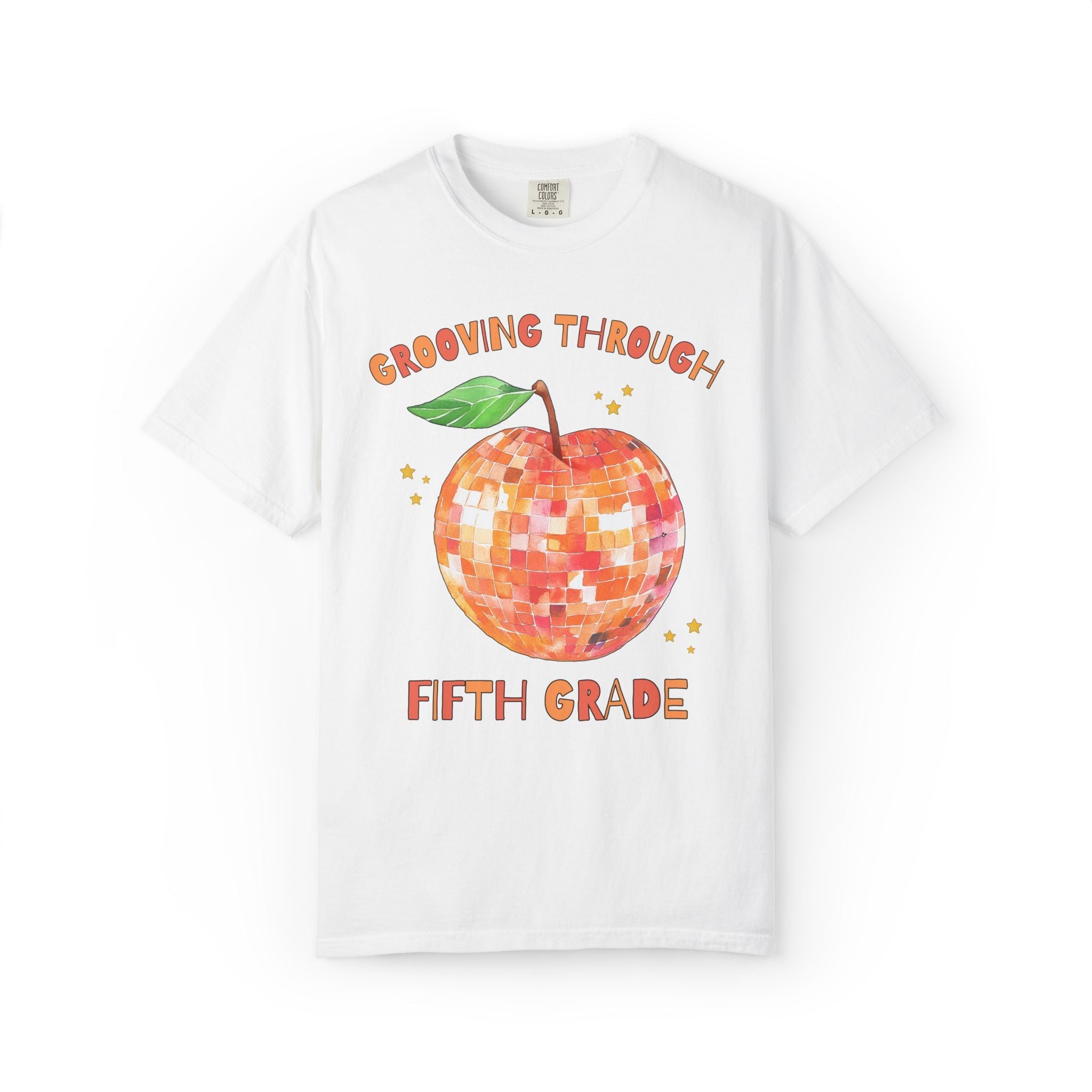 Grooving Through Fifth Grade Teacher Tee Shirt with Disco Apple and Stars: Matching Teacher Team T-Shirt for Back to School or Testing Day - Opal and June