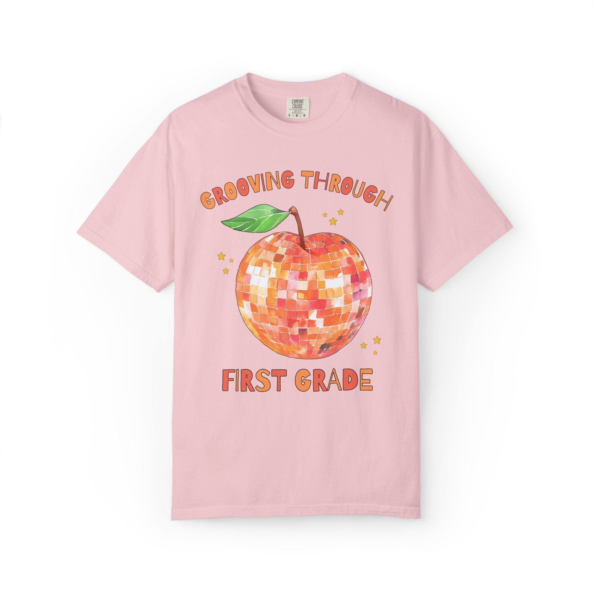 Grooving Through First Grade Teacher Tee Shirt with Disco Apple and Stars: Matching Teacher Team T-Shirt for Back to School or Testing Day - Opal and June