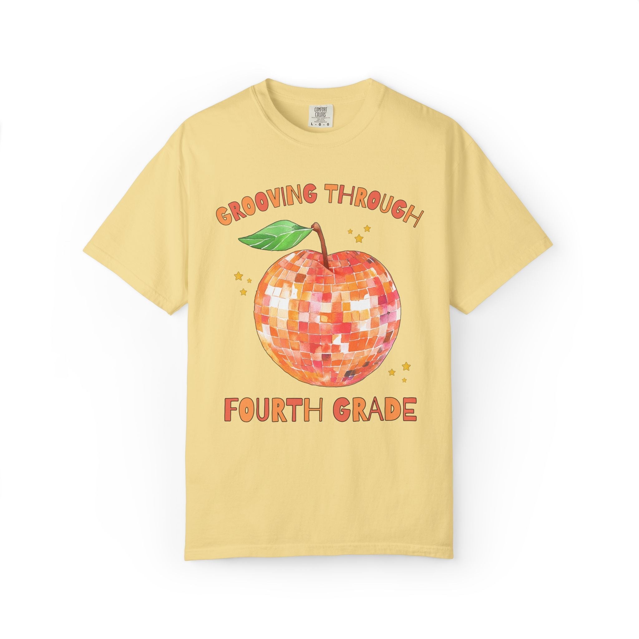 Grooving Through Fourth Grade Teacher Tee Shirt with Disco Apple and Stars: Matching Teacher Team T-Shirt for Back to School or Testing Day - Opal and June