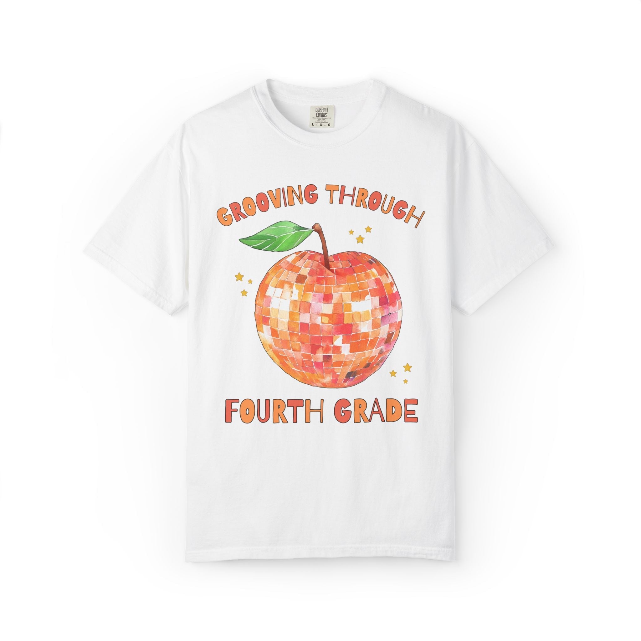 Grooving Through Fourth Grade Teacher Tee Shirt with Disco Apple and Stars: Matching Teacher Team T-Shirt for Back to School or Testing Day - Opal and June