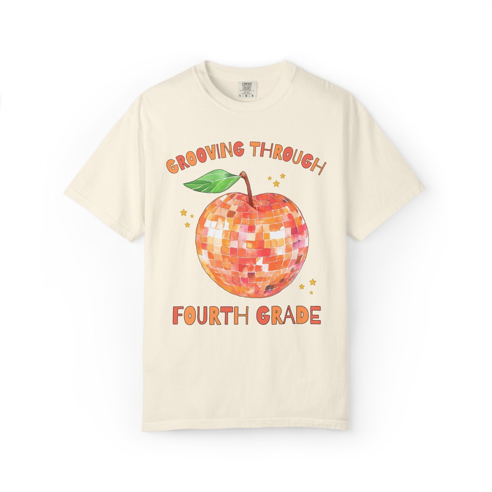 Grooving Through Fourth Grade Teacher Tee Shirt with Disco Apple and Stars: Matching Teacher Team T-Shirt for Back to School or Testing Day - Opal and June