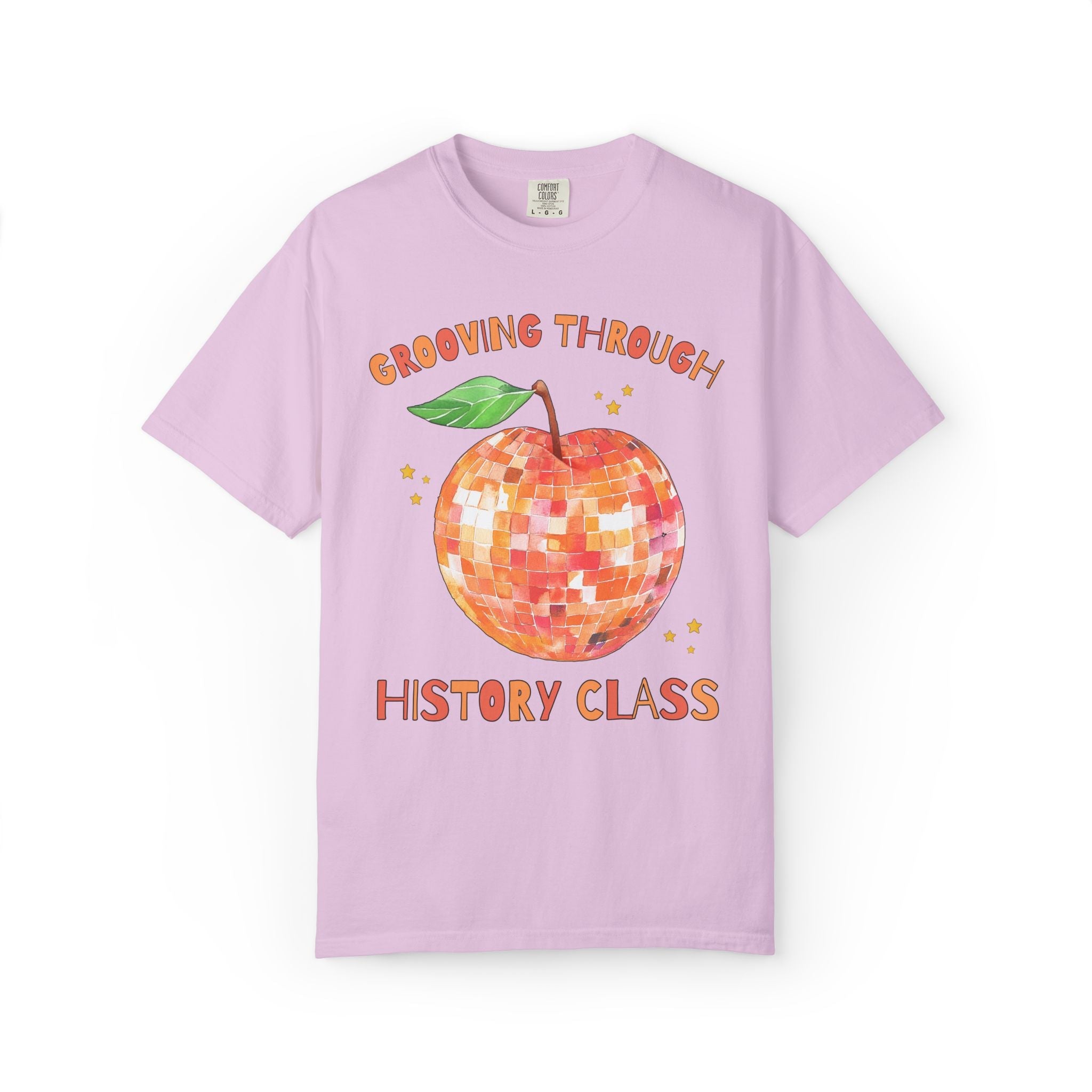 Grooving Through History Class Teacher Tee Shirt with Disco Apple and Stars: Matching Teacher Team T-Shirt for Back to School or Testing Day - Opal and June