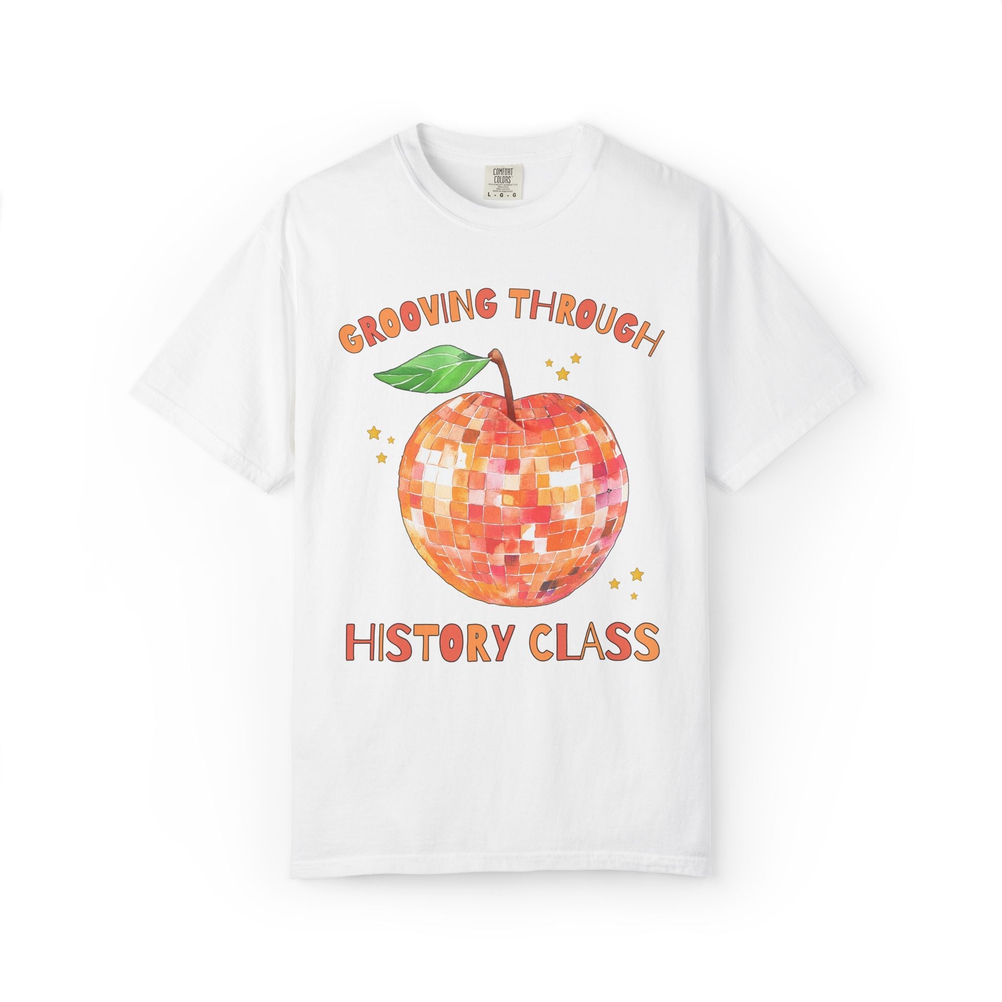Grooving Through History Class Teacher Tee Shirt with Disco Apple and Stars: Matching Teacher Team T-Shirt for Back to School or Testing Day - Opal and June