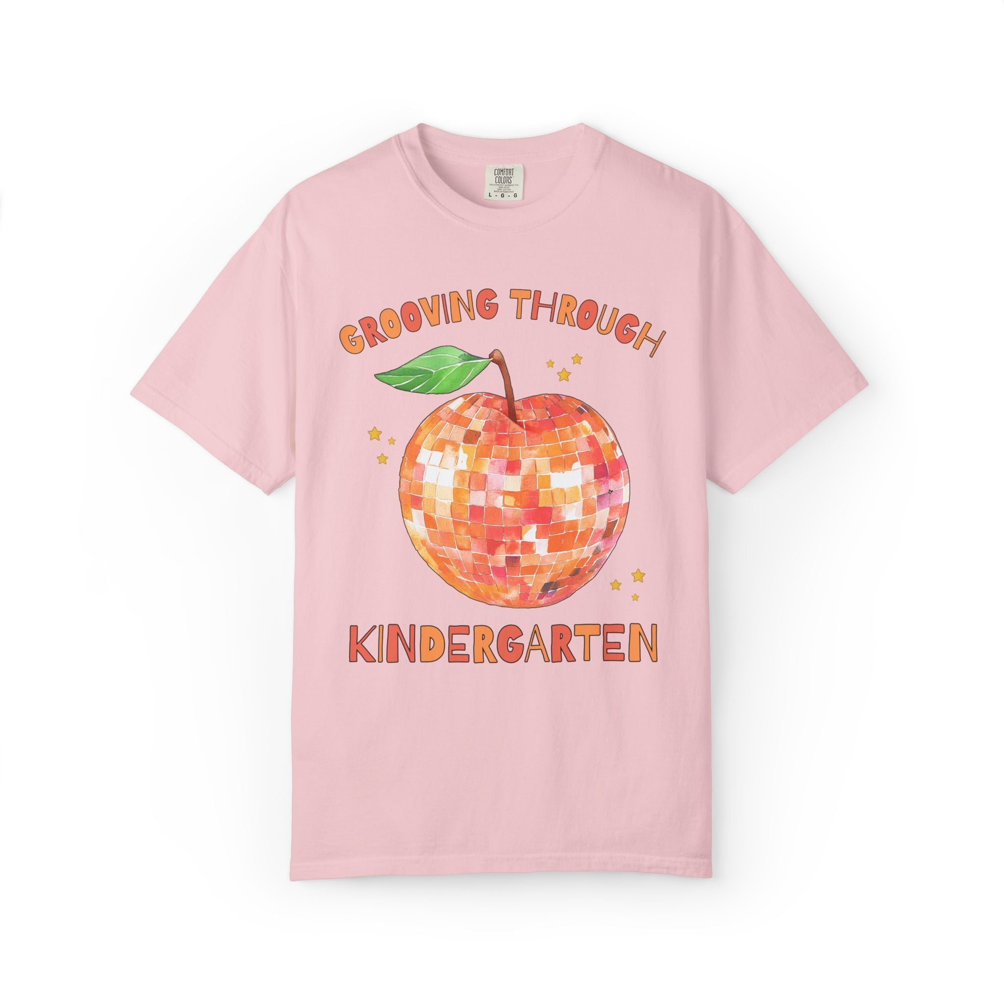 Grooving Through Kindergarten Teacher Tee Shirt with Disco Apple and Stars: Matching Teacher Team T-Shirt for Back to School or Testing Day - Opal and June