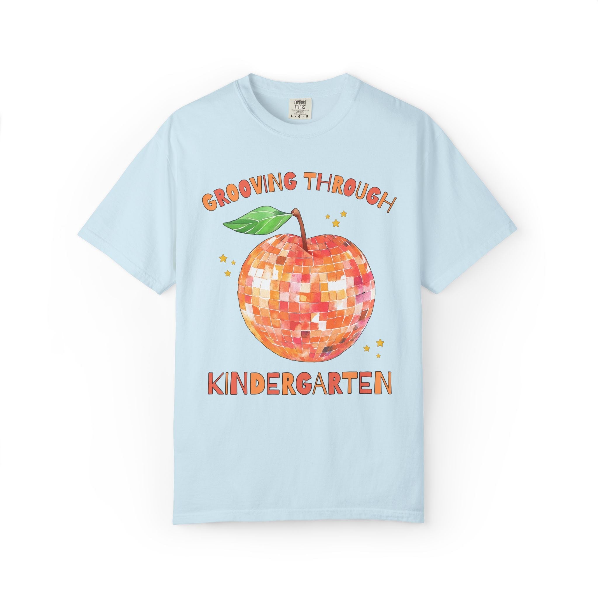 Grooving Through Kindergarten Teacher Tee Shirt with Disco Apple and Stars: Matching Teacher Team T-Shirt for Back to School or Testing Day - Opal and June