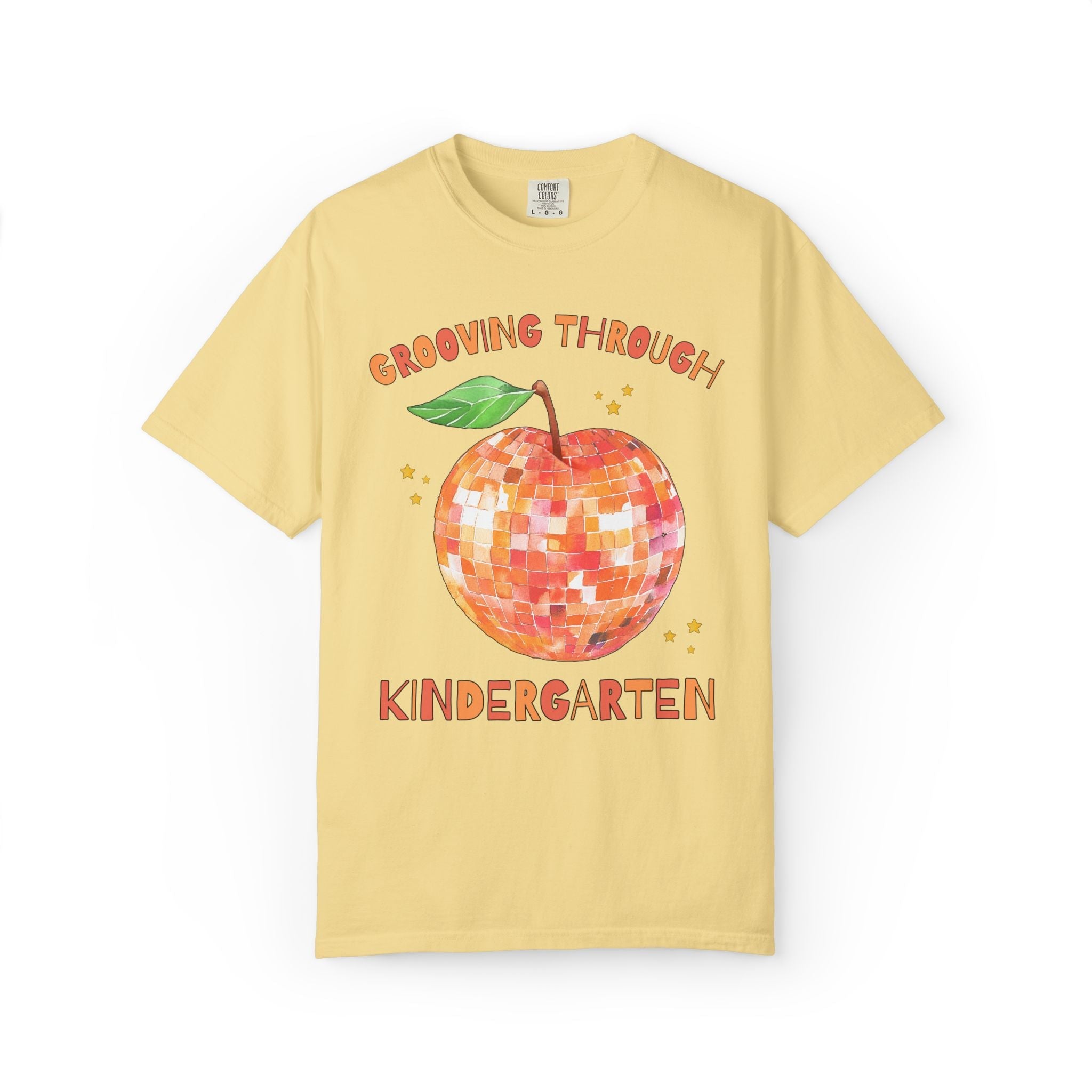 Grooving Through Kindergarten Teacher Tee Shirt with Disco Apple and Stars: Matching Teacher Team T-Shirt for Back to School or Testing Day - Opal and June