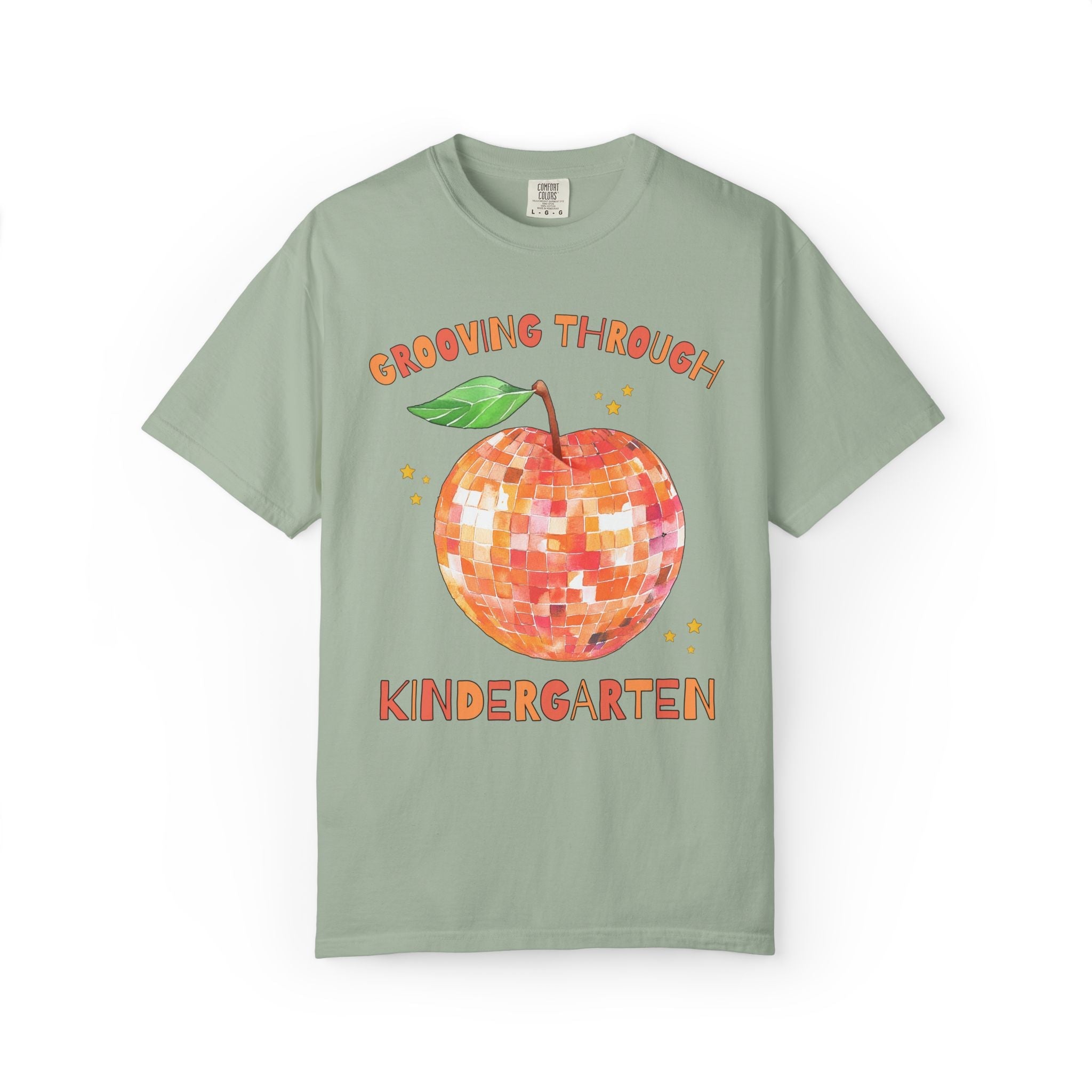 Grooving Through Kindergarten Teacher Tee Shirt with Disco Apple and Stars: Matching Teacher Team T-Shirt for Back to School or Testing Day - Opal and June
