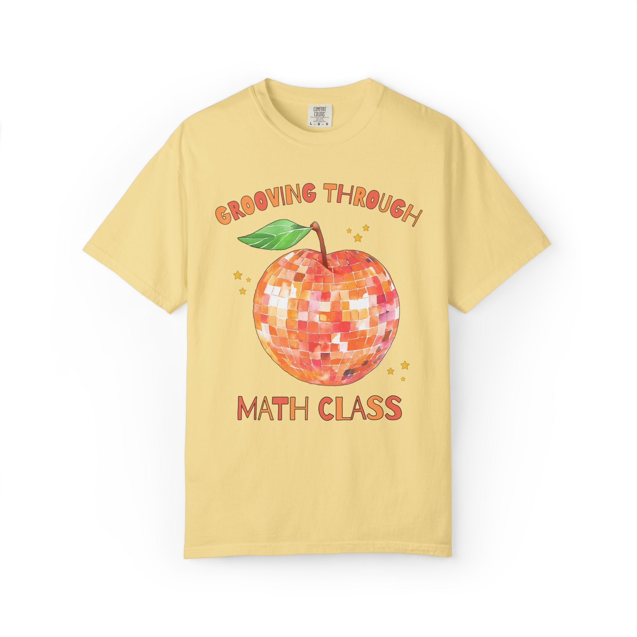 Grooving Through Math Class Teacher Tee Shirt with Disco Apple and Stars: Matching Teacher Team T-Shirt for Back to School or Testing Day - Opal and June