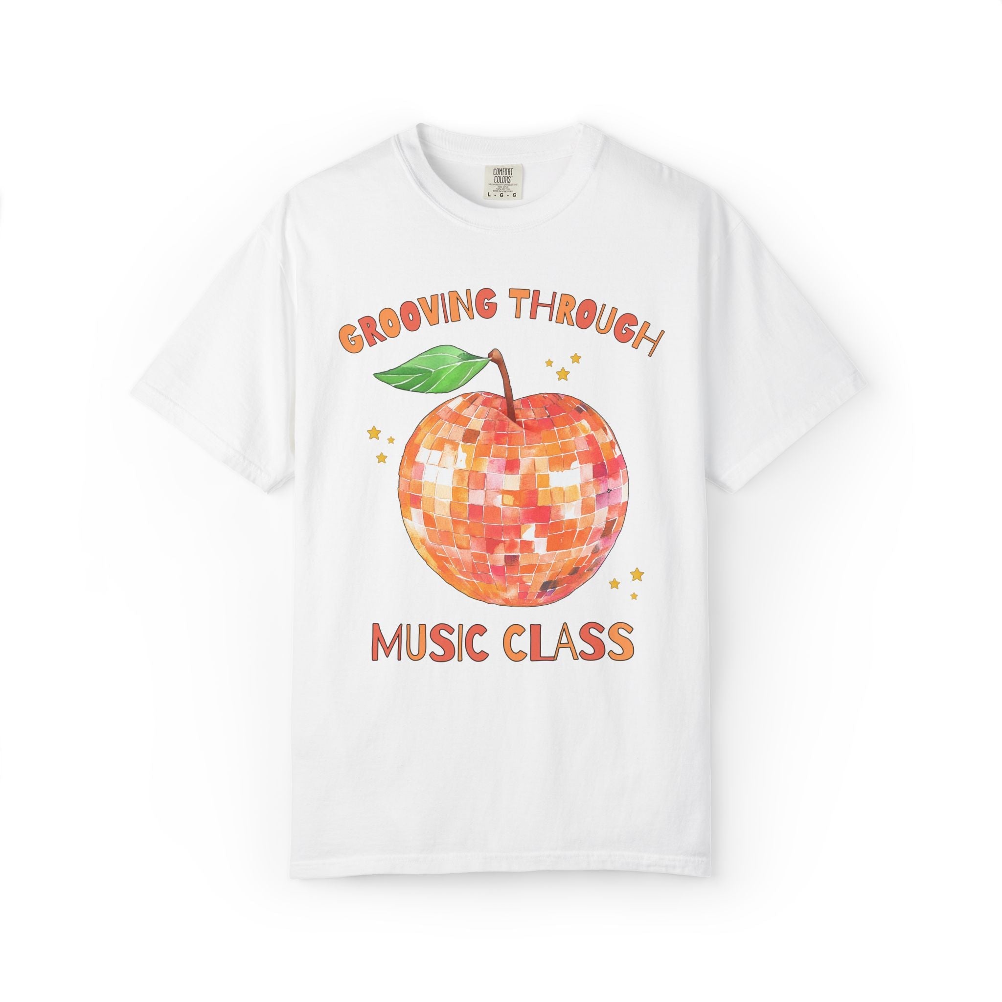 Grooving Through Music Class Teacher Tee Shirt with Disco Apple and Stars: Matching Teacher Team T-Shirt for Back to School or Testing Day - Opal and June