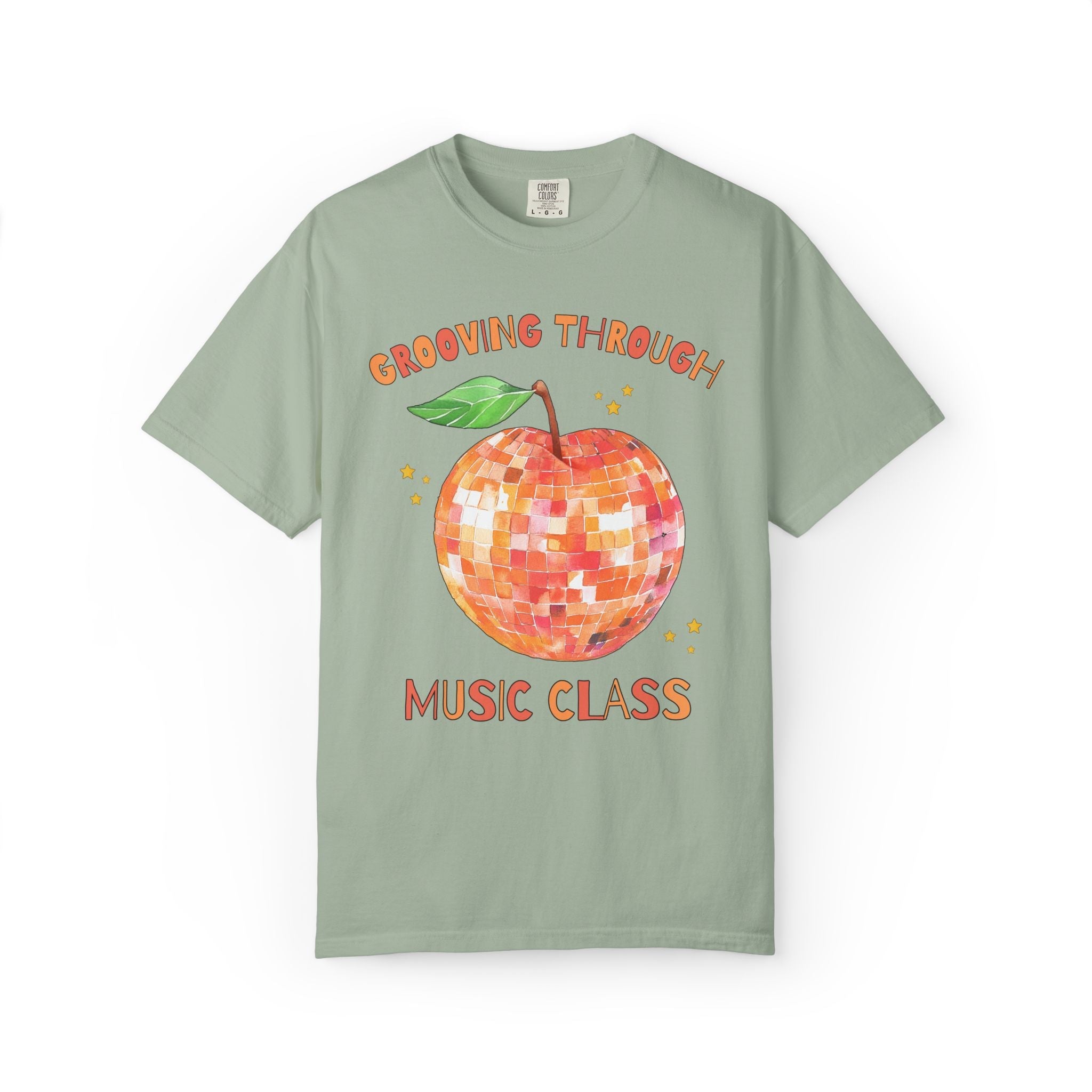 Grooving Through Music Class Teacher Tee Shirt with Disco Apple and Stars: Matching Teacher Team T-Shirt for Back to School or Testing Day - Opal and June