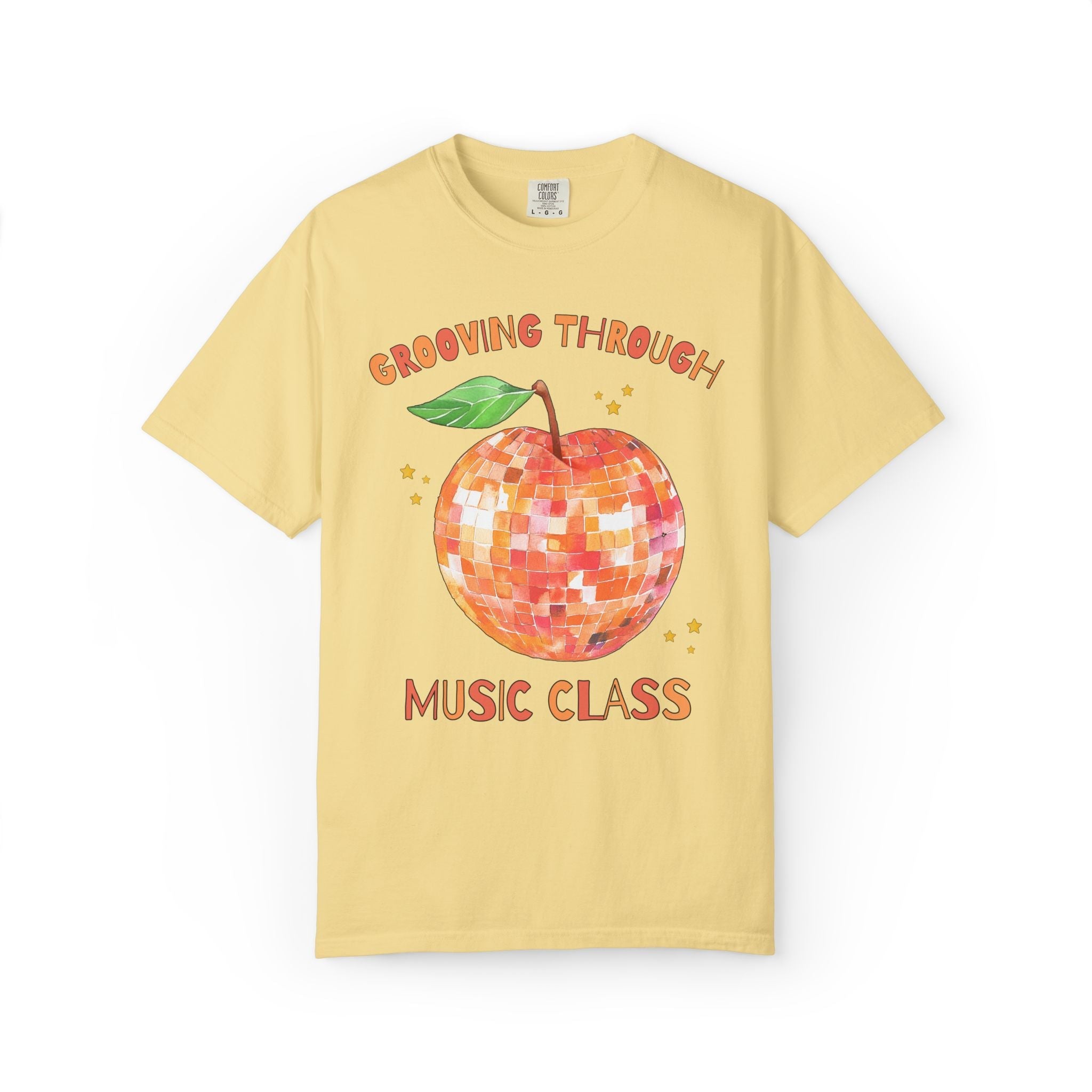 Grooving Through Music Class Teacher Tee Shirt with Disco Apple and Stars: Matching Teacher Team T-Shirt for Back to School or Testing Day - Opal and June