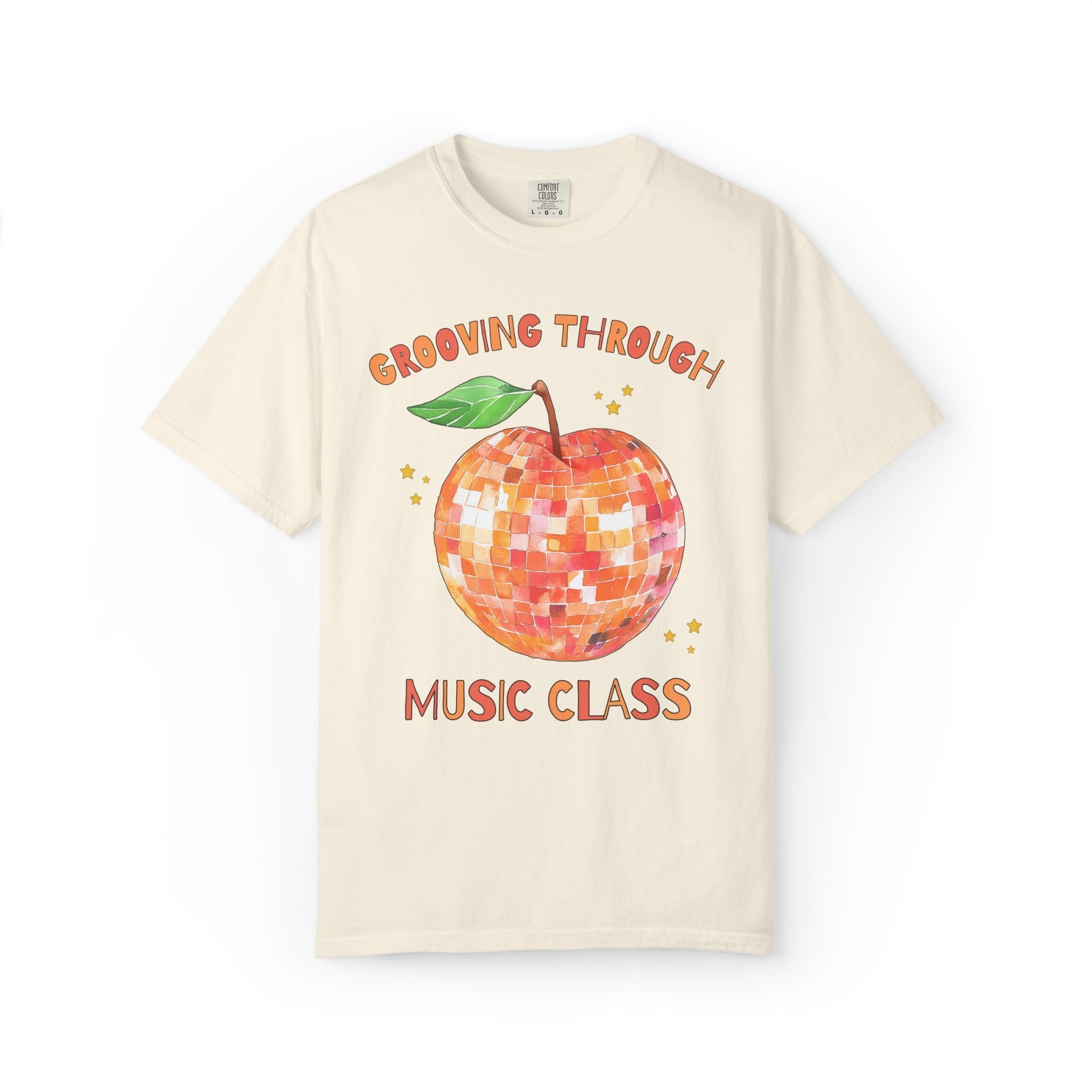 Grooving Through Music Class Teacher Tee Shirt with Disco Apple and Stars: Matching Teacher Team T-Shirt for Back to School or Testing Day - Opal and June