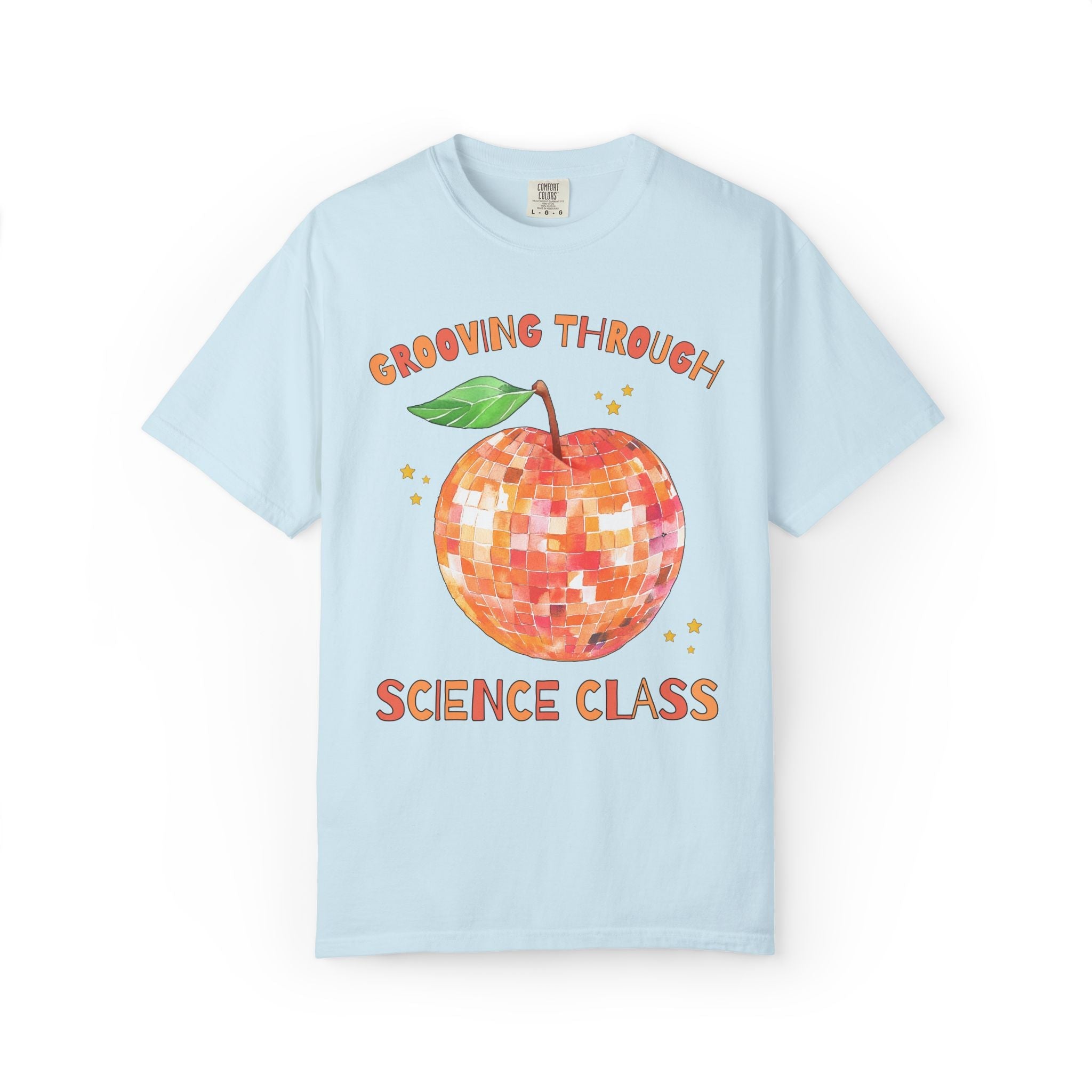 Grooving Through Science Class Teacher Tee Shirt with Disco Apple and Stars: Matching Teacher Team T-Shirt for Back to School or Testing Day - Opal and June