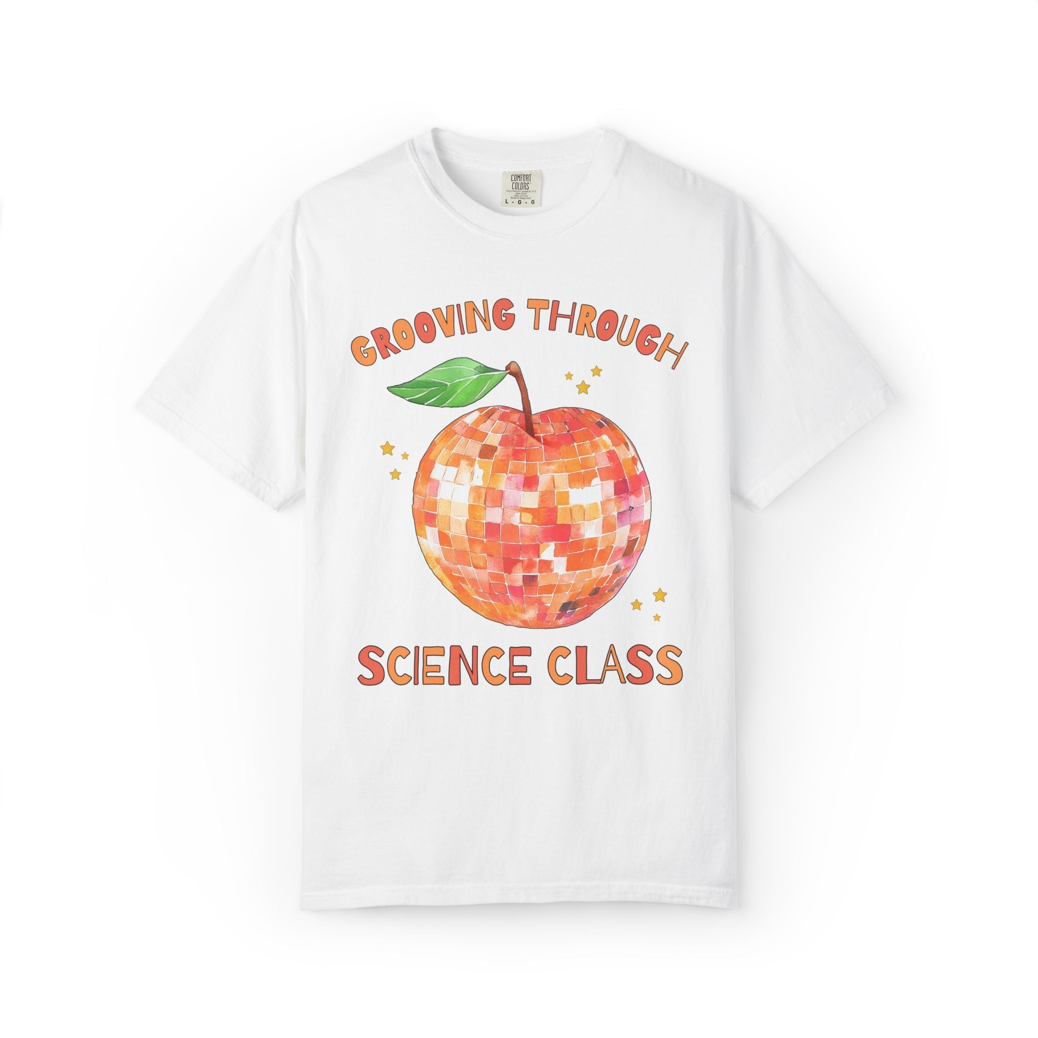 Grooving Through Science Class Teacher Tee Shirt with Disco Apple and Stars: Matching Teacher Team T-Shirt for Back to School or Testing Day - Opal and June