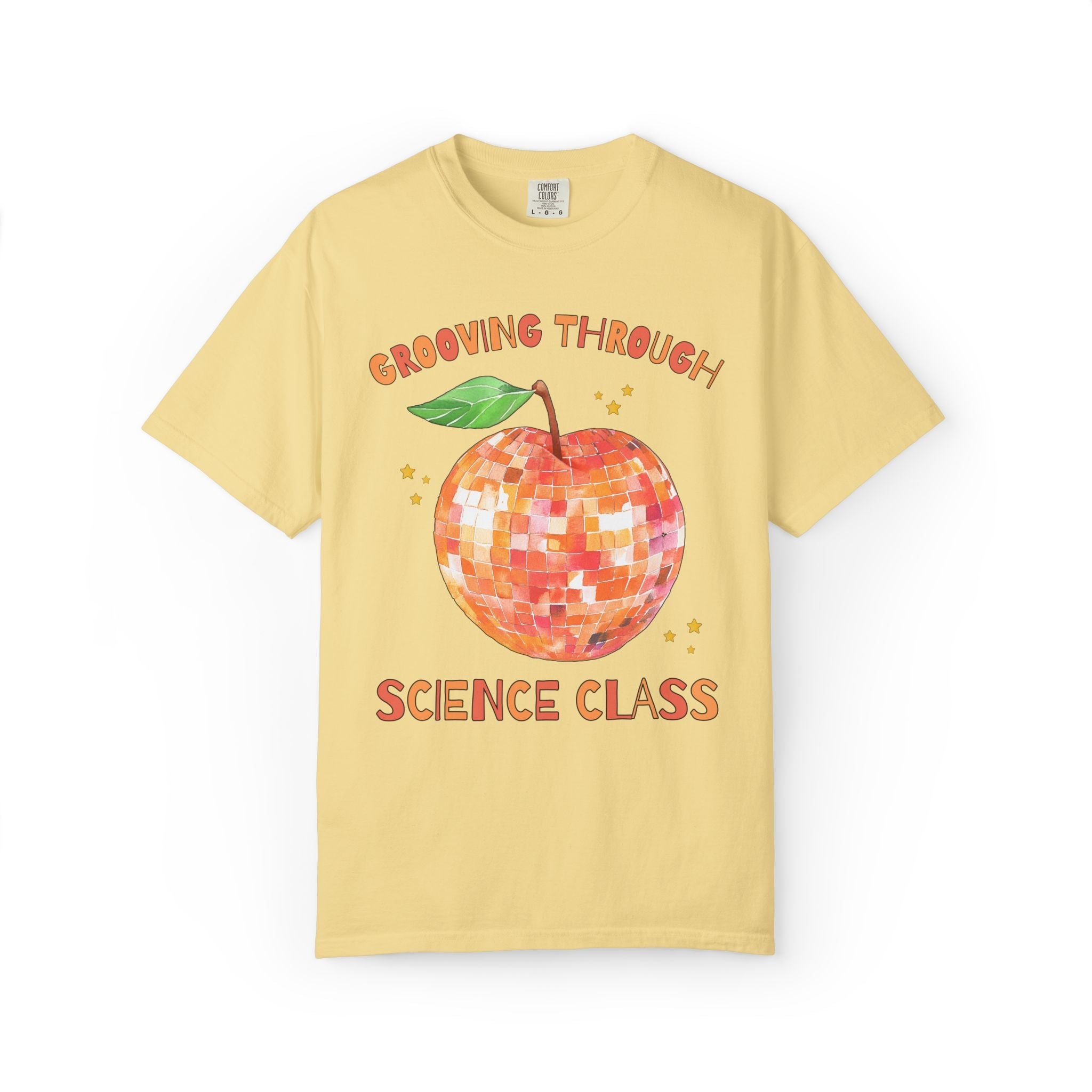 Grooving Through Science Class Teacher Tee Shirt with Disco Apple and Stars: Matching Teacher Team T-Shirt for Back to School or Testing Day - Opal and June