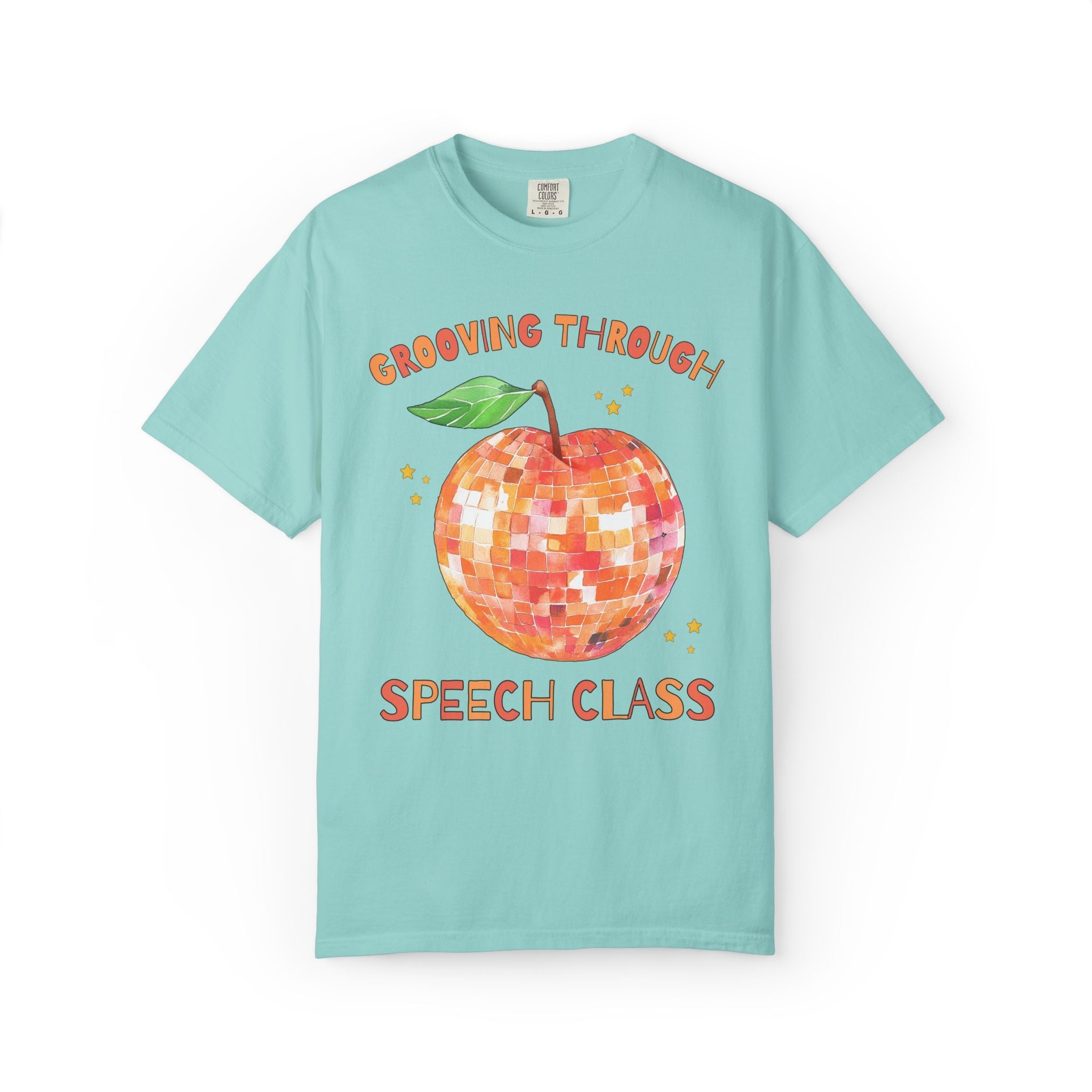 Grooving Through Speech Class Teacher Tee Shirt with Disco Apple and Stars: Matching Teacher Team T-Shirt for Back to School or Testing Day - Opal and June