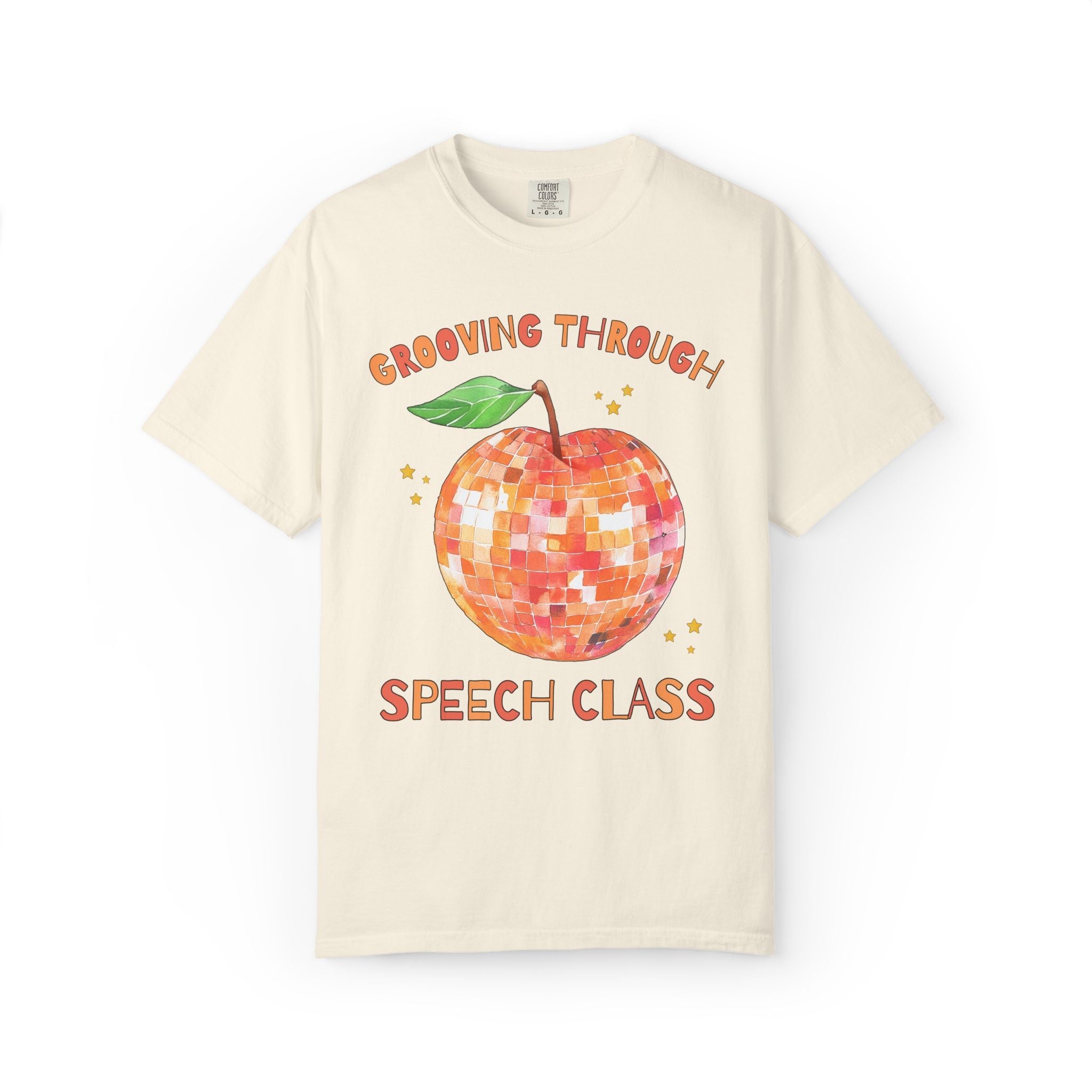 Grooving Through Speech Class Teacher Tee Shirt with Disco Apple and Stars: Matching Teacher Team T-Shirt for Back to School or Testing Day - Opal and June