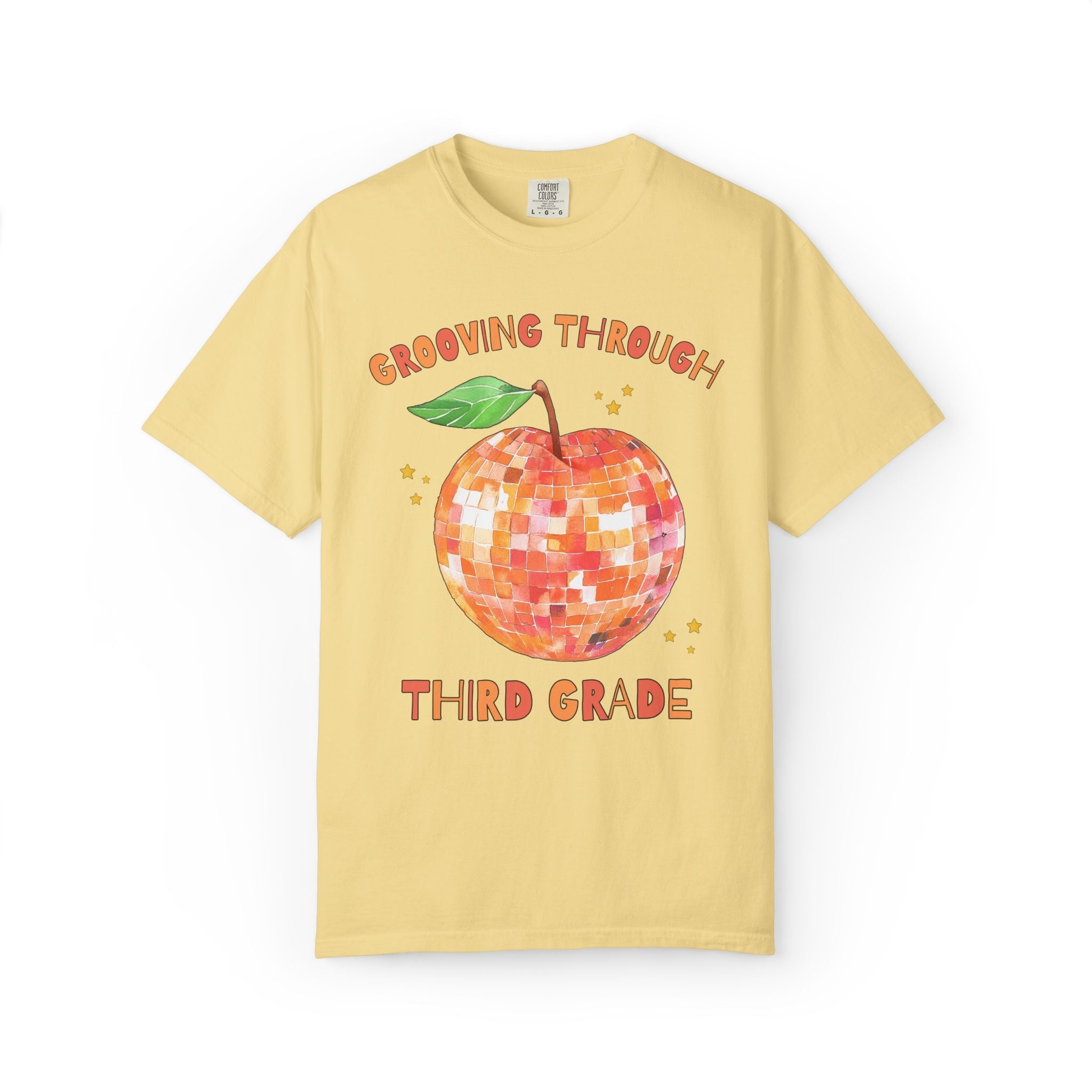 Grooving Through Third Grade Teacher Tee Shirt with Disco Apple and Stars: Matching Teacher Team T-Shirt for Back to School or Testing Day - Opal and June