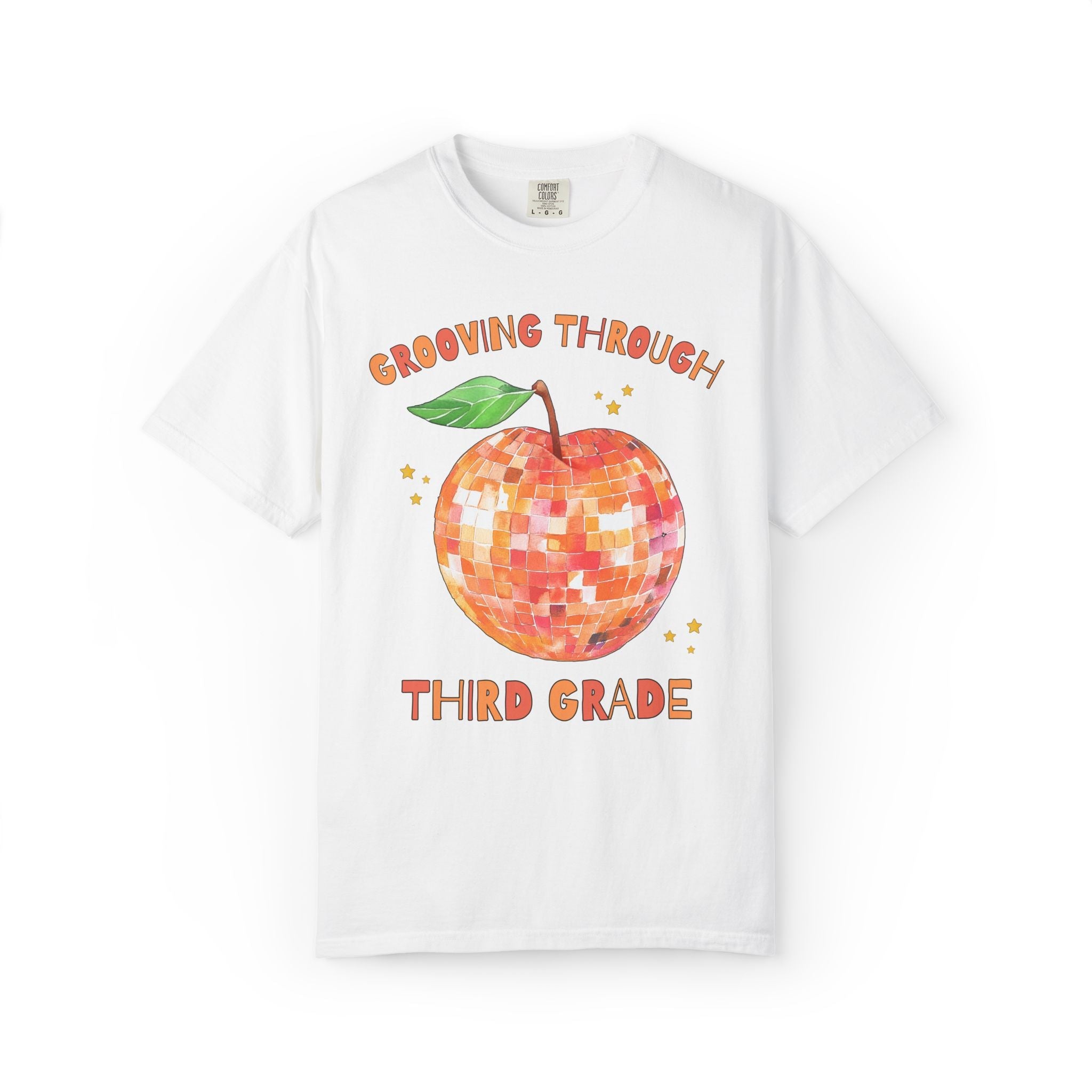 Grooving Through Third Grade Teacher Tee Shirt with Disco Apple and Stars: Matching Teacher Team T-Shirt for Back to School or Testing Day - Opal and June