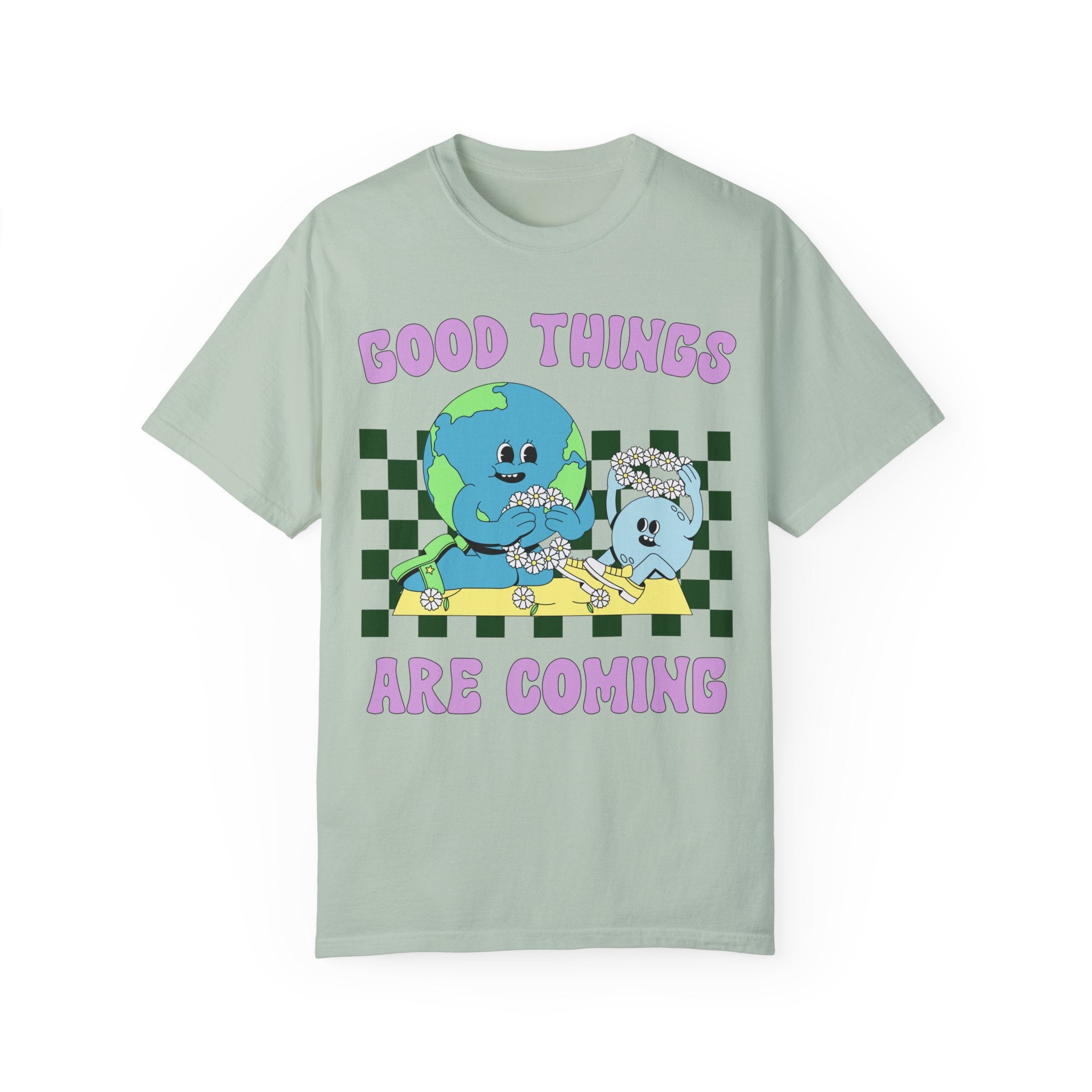 Groovy Retro Tee Shirt with Encouraging Message: Good Things Are Coming | Cute Vintage Aesthetic T-Shirt for Fun Elementary Teacher or Mom - Opal and June