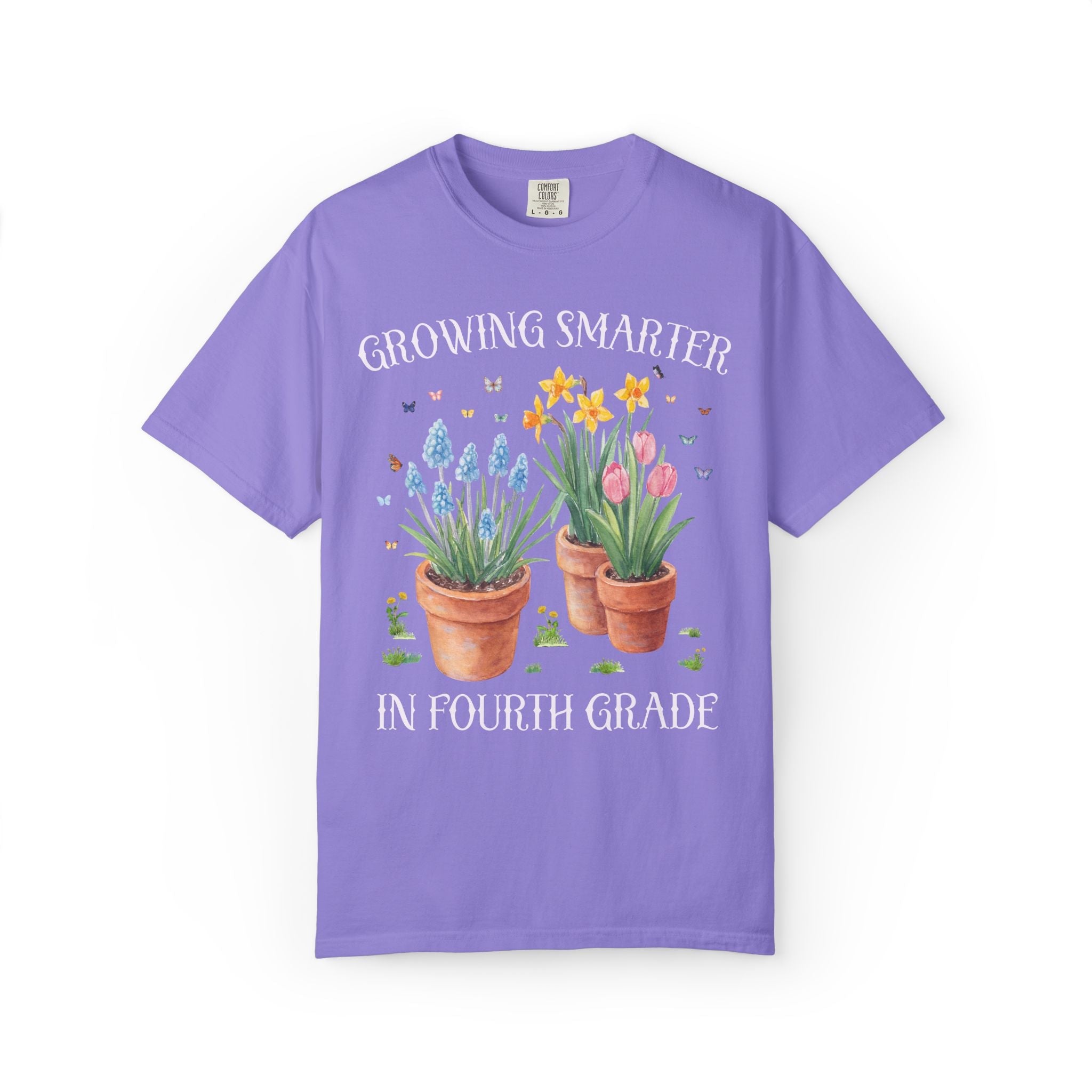 Growing Smarter in Fourth Grade: Wildflower Fourth Grade Teacher Tee Shirt with Flowers: Matching Spring Teacher Tee Shirts for Back to School or Testing Day - Opal and June