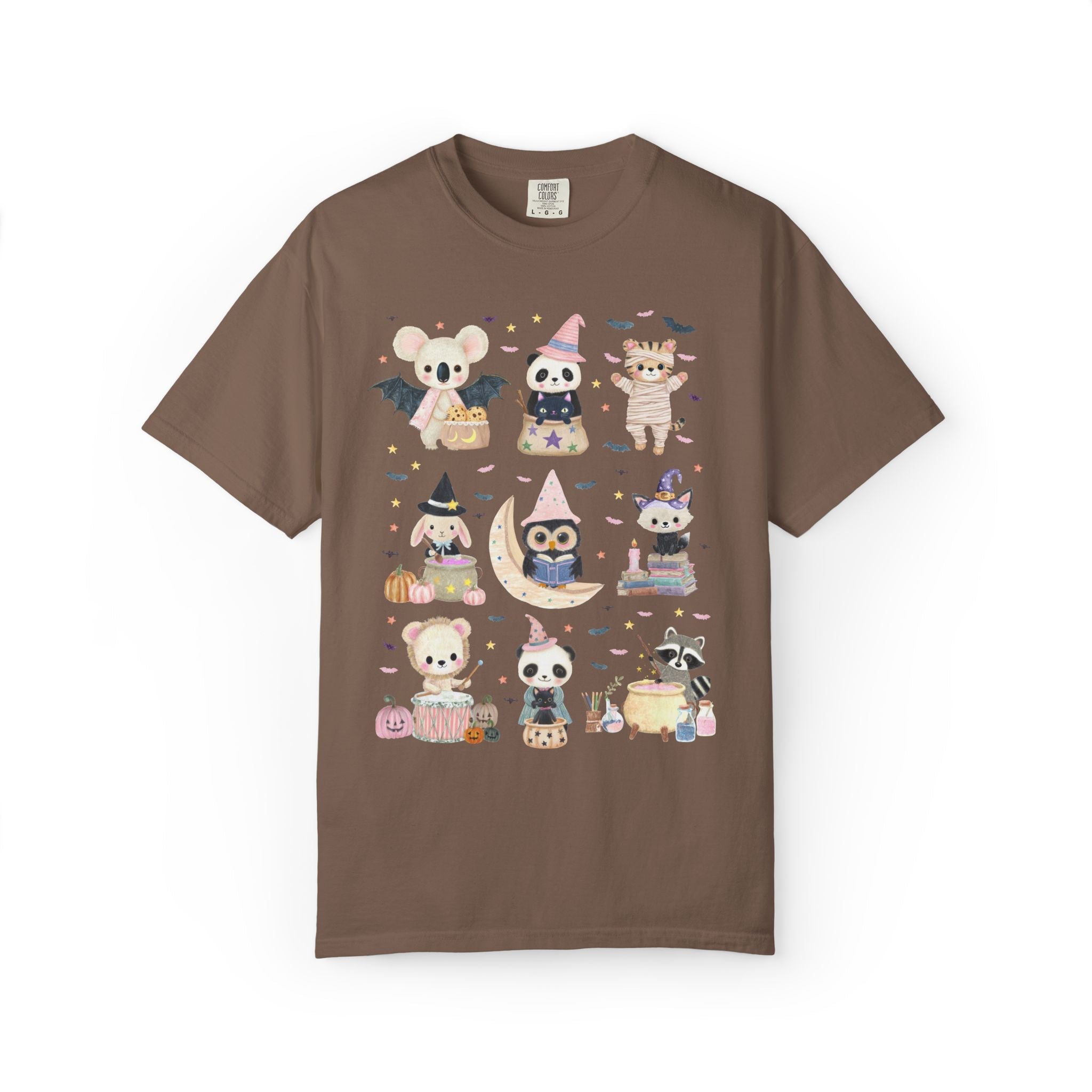 Halloween Animal Lover Tee Shirt with Cute Baby Animals, Pastel Goth Whimsy Halloween T-Shirt with Bats, Book Lover Teacher Halloween Tee - Opal and June