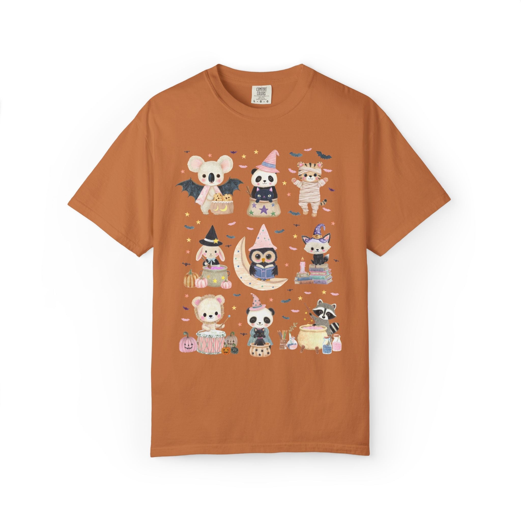 Halloween Animal Lover Tee Shirt with Cute Baby Animals, Pastel Goth Whimsy Halloween T-Shirt with Bats, Book Lover Teacher Halloween Tee - Opal and June