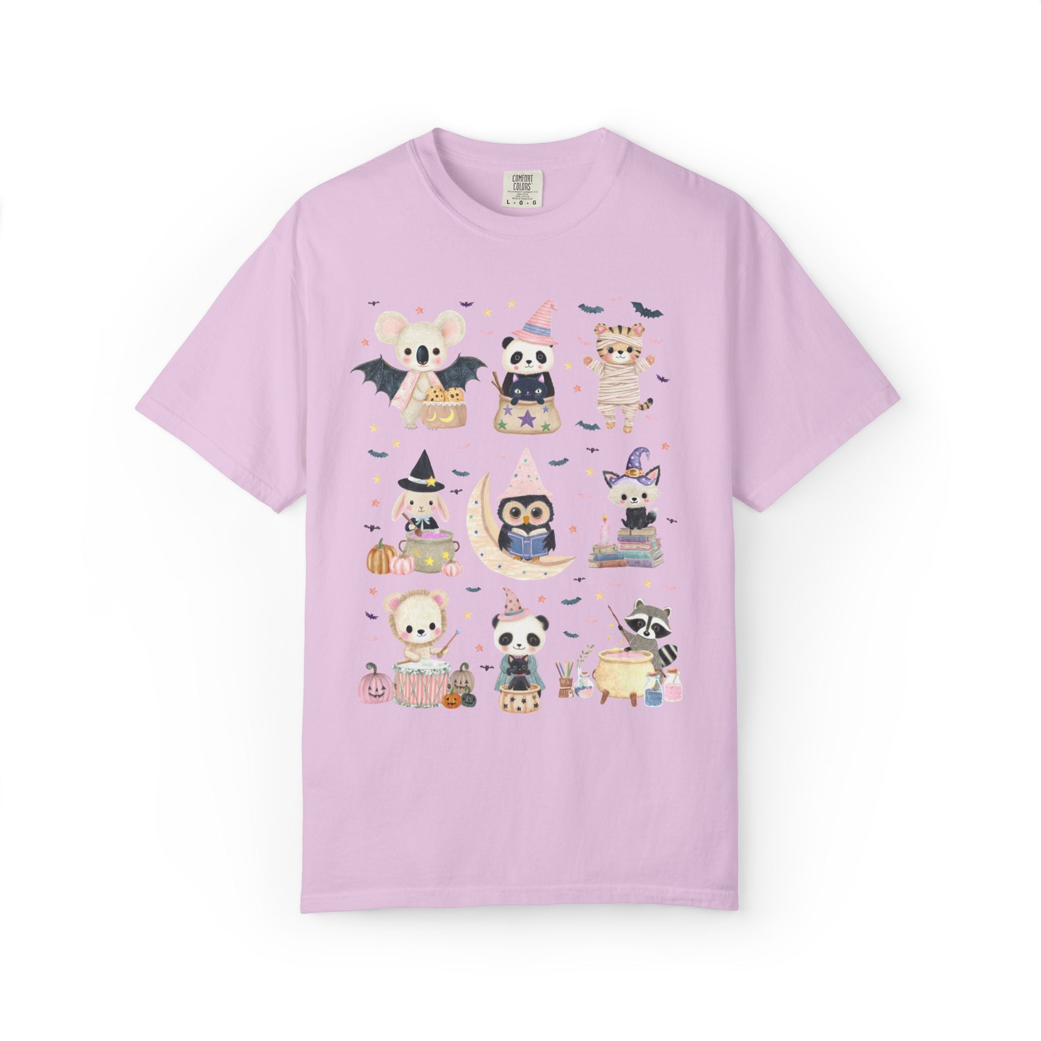 Halloween Animal Lover Tee Shirt with Cute Baby Animals, Pastel Goth Whimsy Halloween T-Shirt with Bats, Book Lover Teacher Halloween Tee - Opal and June