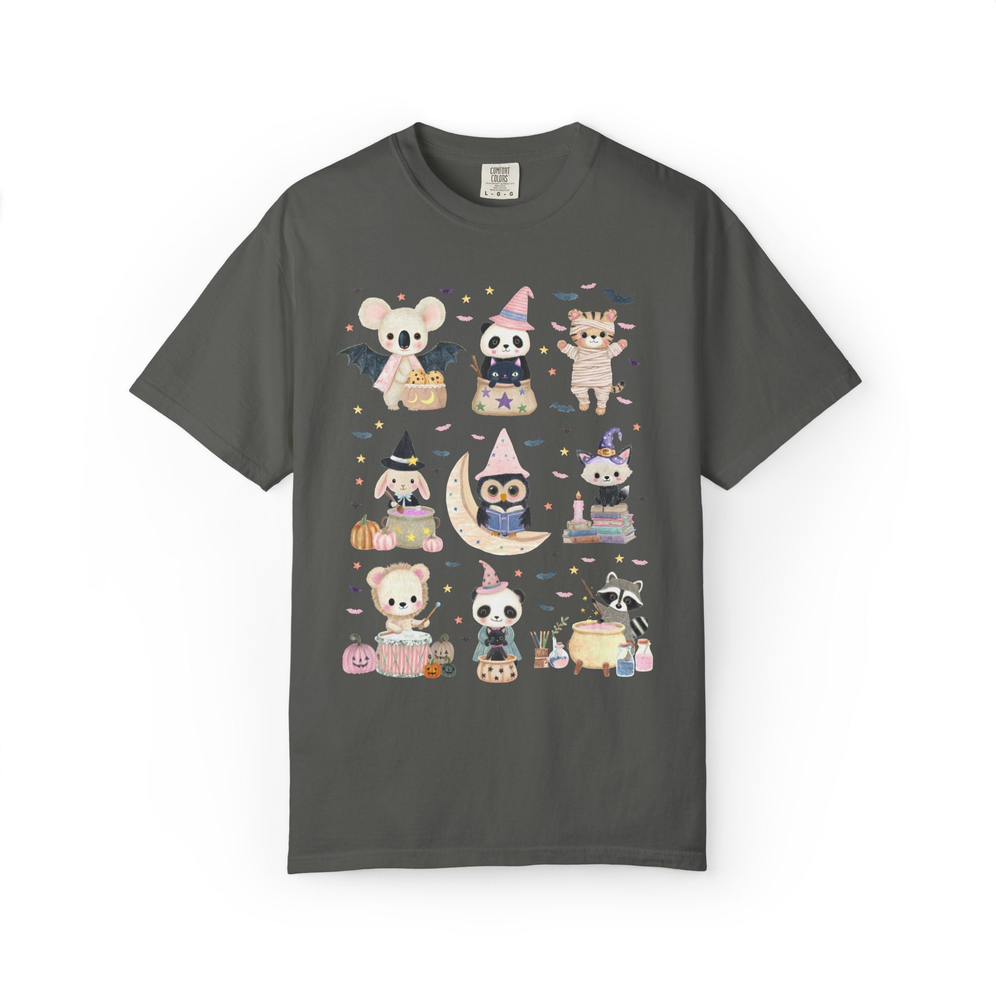 Halloween Animal Lover Tee Shirt with Cute Baby Animals, Pastel Goth Whimsy Halloween T-Shirt with Bats, Book Lover Teacher Halloween Tee - Opal and June