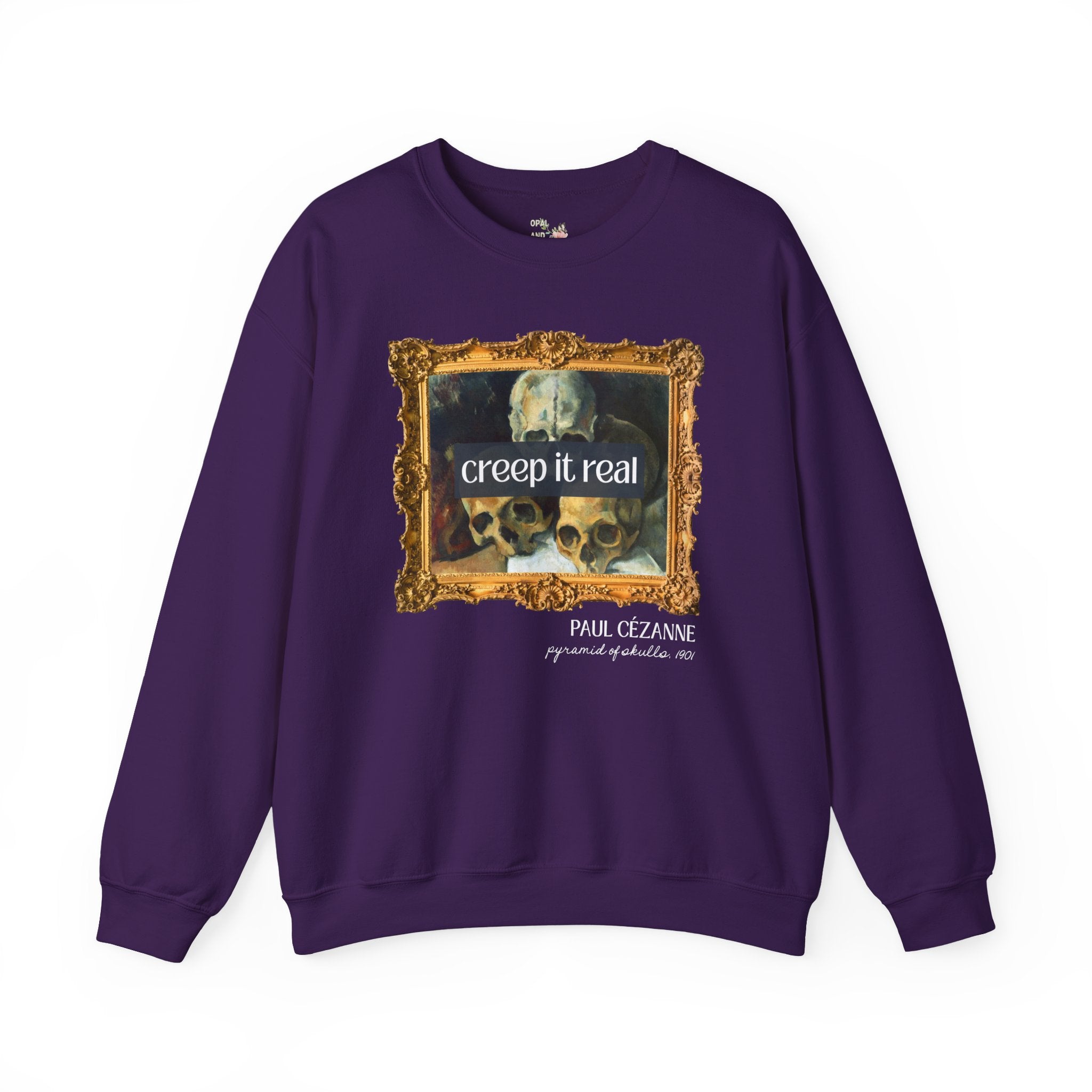 Halloween Art History Sweatshirt: Creep it Real, Pyramid of Skulls by Paul Cezanne, Famous Paintings, 19th Century Post Impressionist Artist - Opal and June