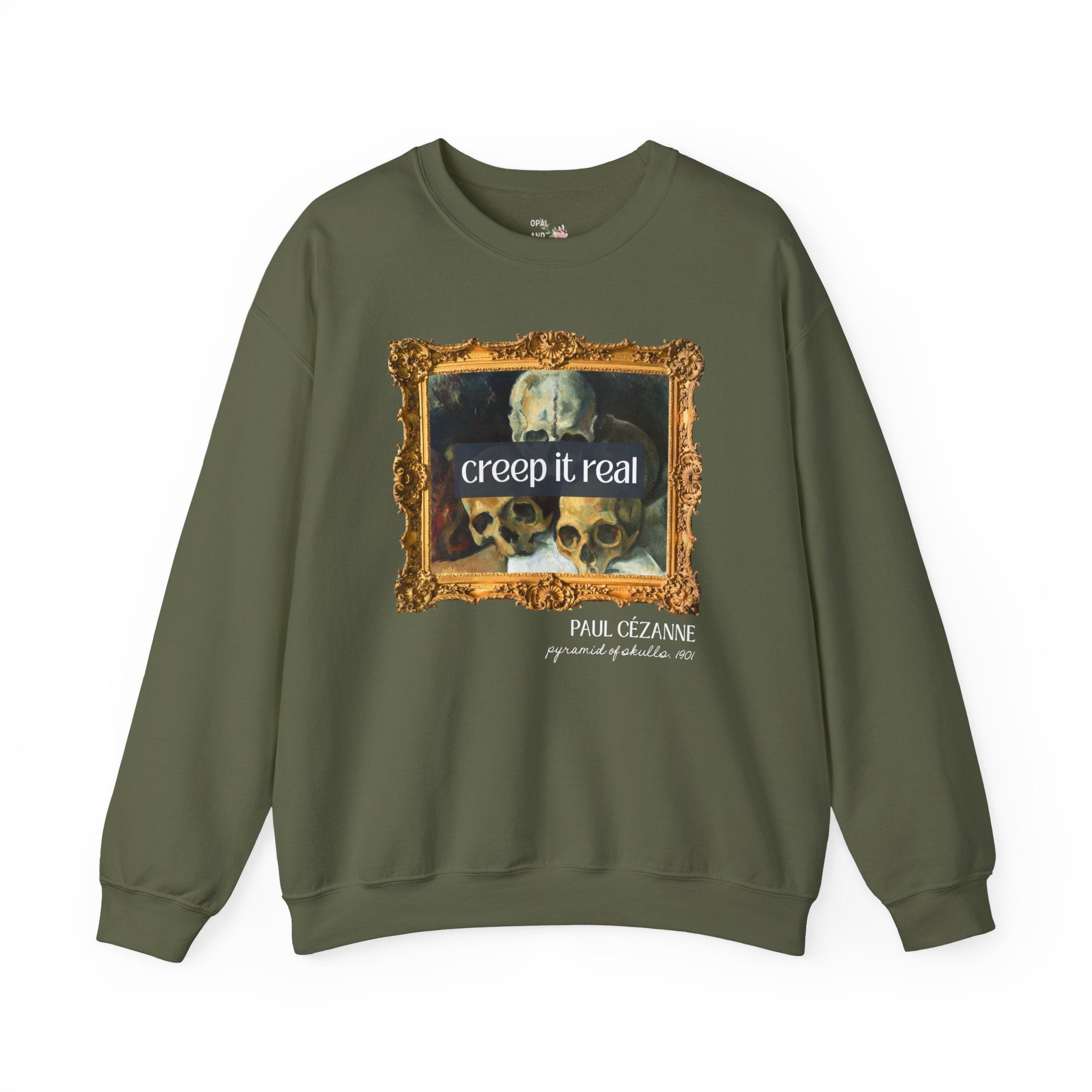 Halloween Art History Sweatshirt: Creep it Real, Pyramid of Skulls by Paul Cezanne, Famous Paintings, 19th Century Post Impressionist Artist - Opal and June