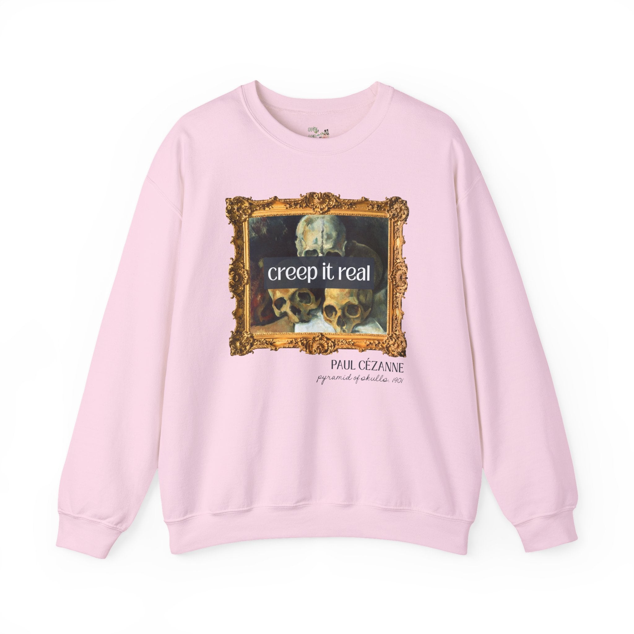 Halloween Art History Sweatshirt: Creep it Real, Pyramid of Skulls by Paul Cezanne, Famous Paintings, 19th Century Post Impressionist Artist - Opal and June