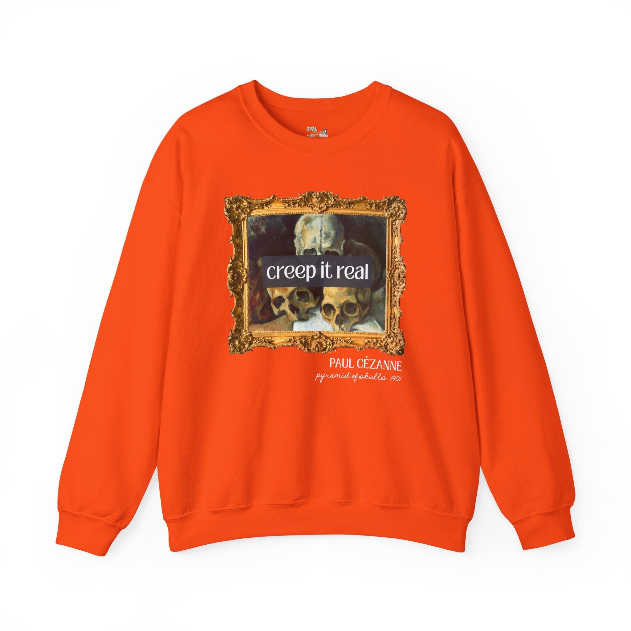 Halloween Art History Sweatshirt: Creep it Real, Pyramid of Skulls by Paul Cezanne, Famous Paintings, 19th Century Post Impressionist Artist - Opal and June