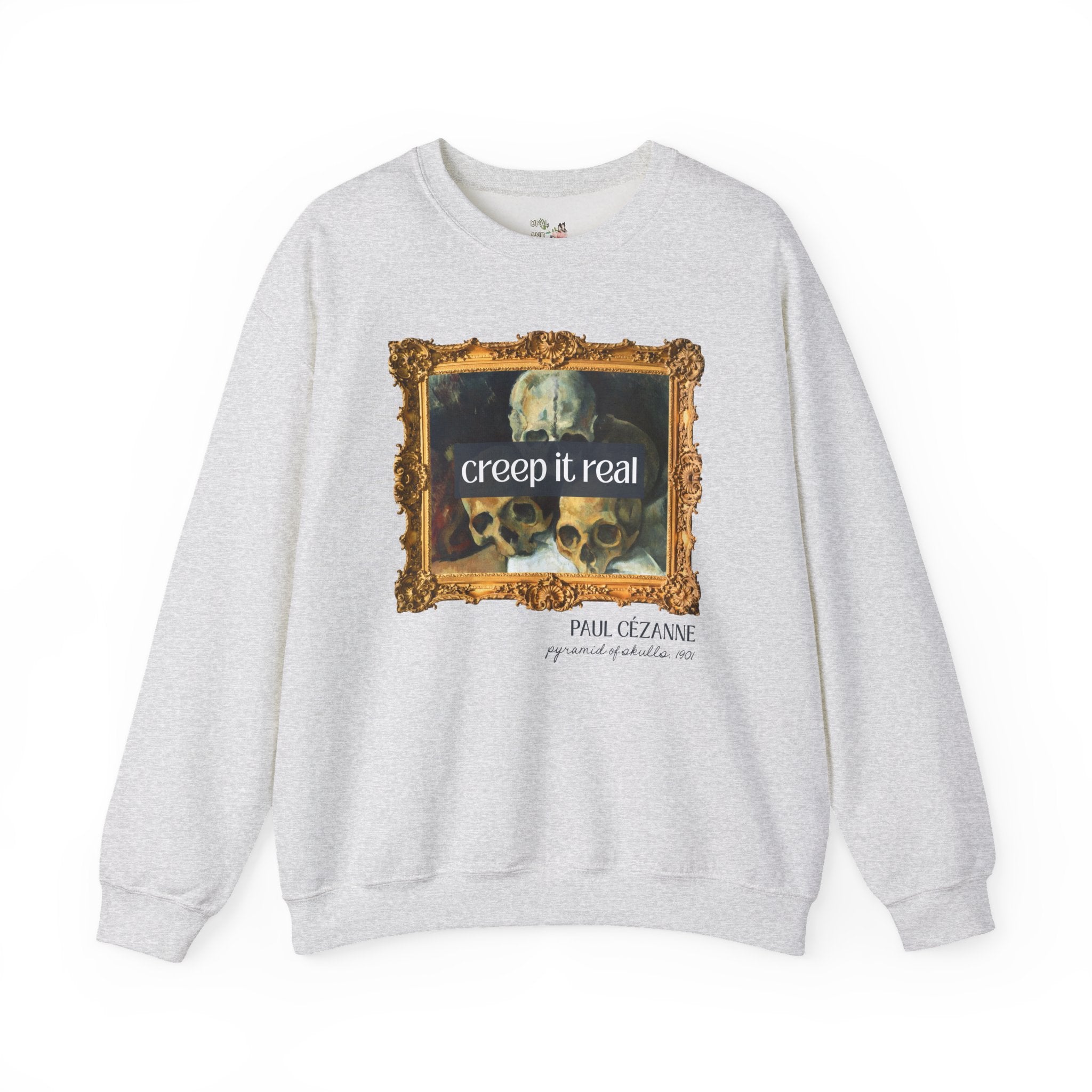 Halloween Art History Sweatshirt: Creep it Real, Pyramid of Skulls by Paul Cezanne, Famous Paintings, 19th Century Post Impressionist Artist - Opal and June