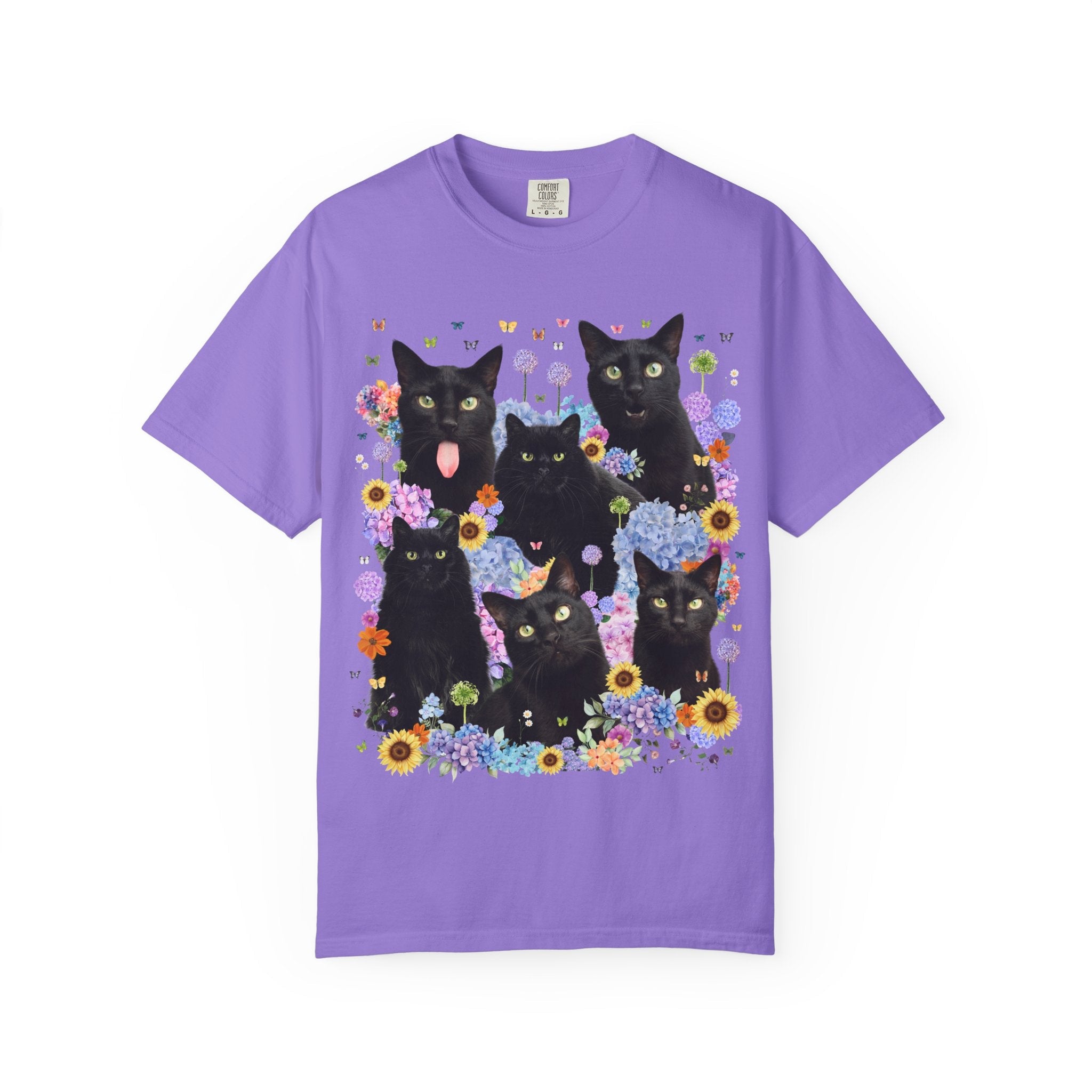 Halloween Cat Lover Tee Shirt with Flowers: Colorful 90s Aesthetic Cat Mom Cat Dad T-Shirt with Butterflies, Spooky Season Animal Lover Tee - Opal and June