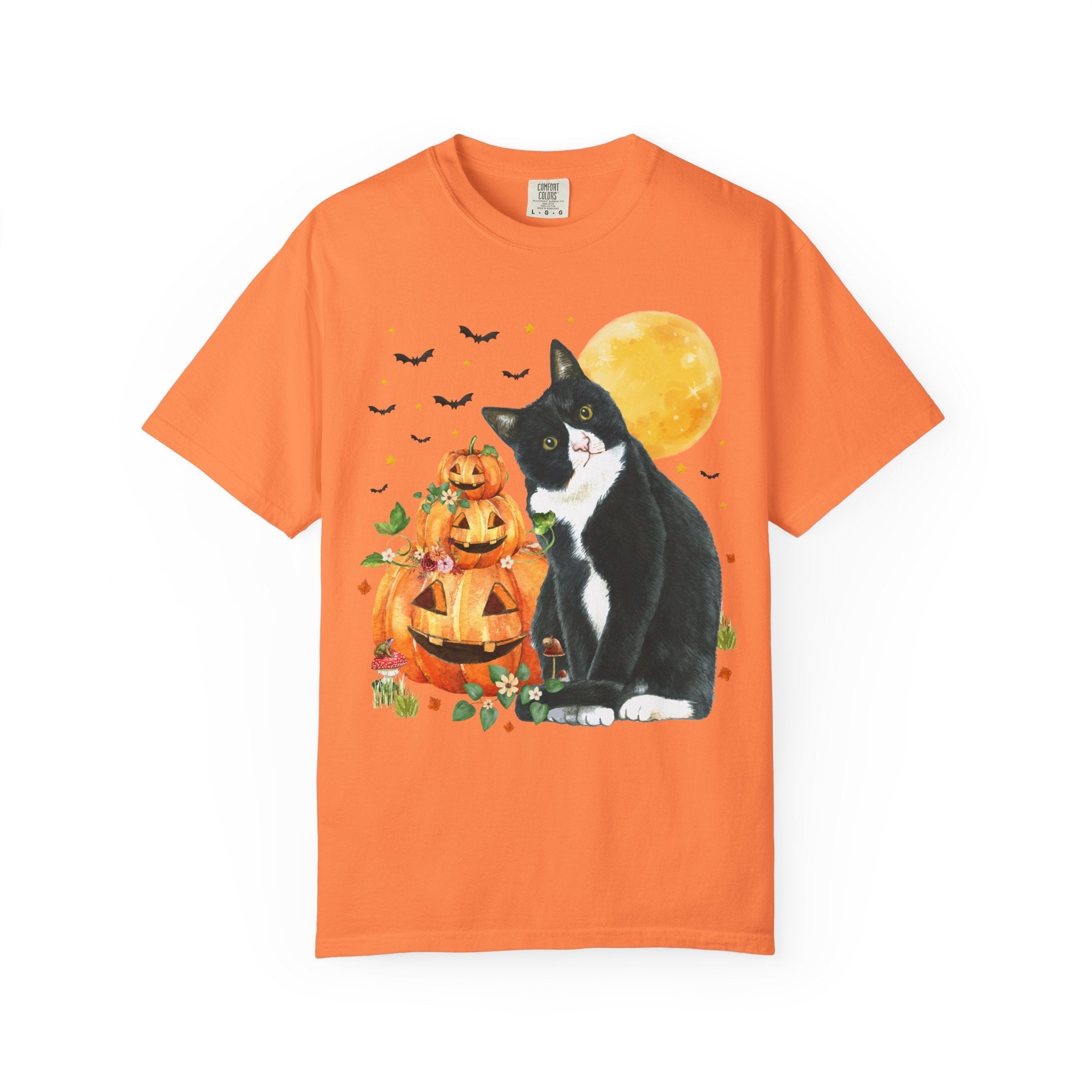 Halloween Cat Lover Tee Shirt with Pumpkins and Bats: 90s Aesthetic Goblincore Cat Mom or Cat Dad Tee for Spooky Season, Animal Lover Tee - Opal and June