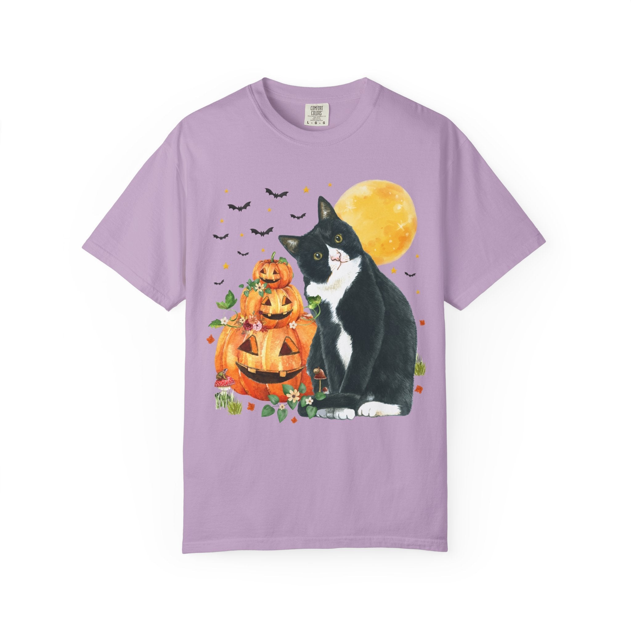 Halloween Cat Lover Tee Shirt with Pumpkins and Bats: 90s Aesthetic Goblincore Cat Mom or Cat Dad Tee for Spooky Season, Animal Lover Tee - Opal and June