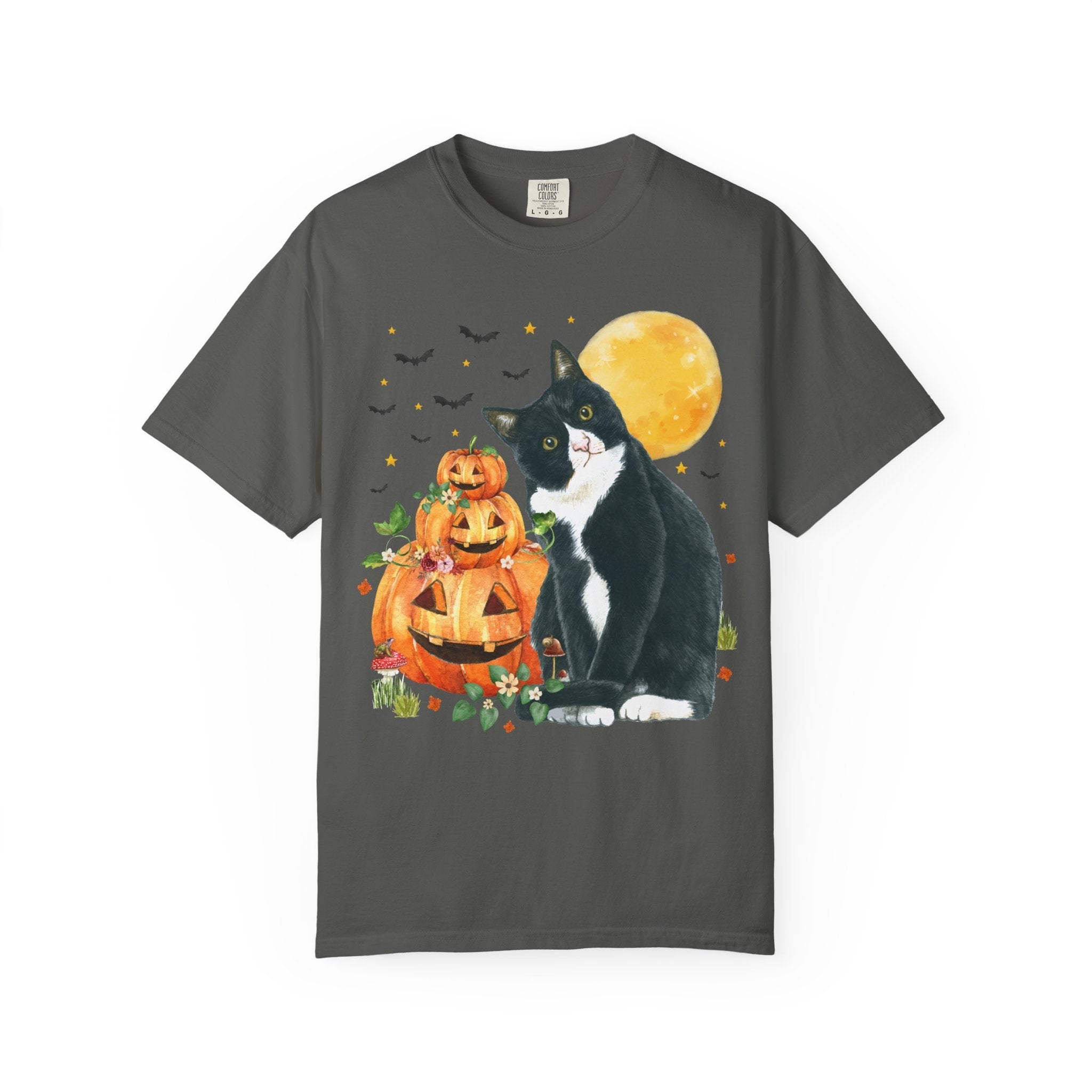 Halloween Cat Lover Tee Shirt with Pumpkins and Bats: 90s Aesthetic Goblincore Cat Mom or Cat Dad Tee for Spooky Season, Animal Lover Tee - Opal and June