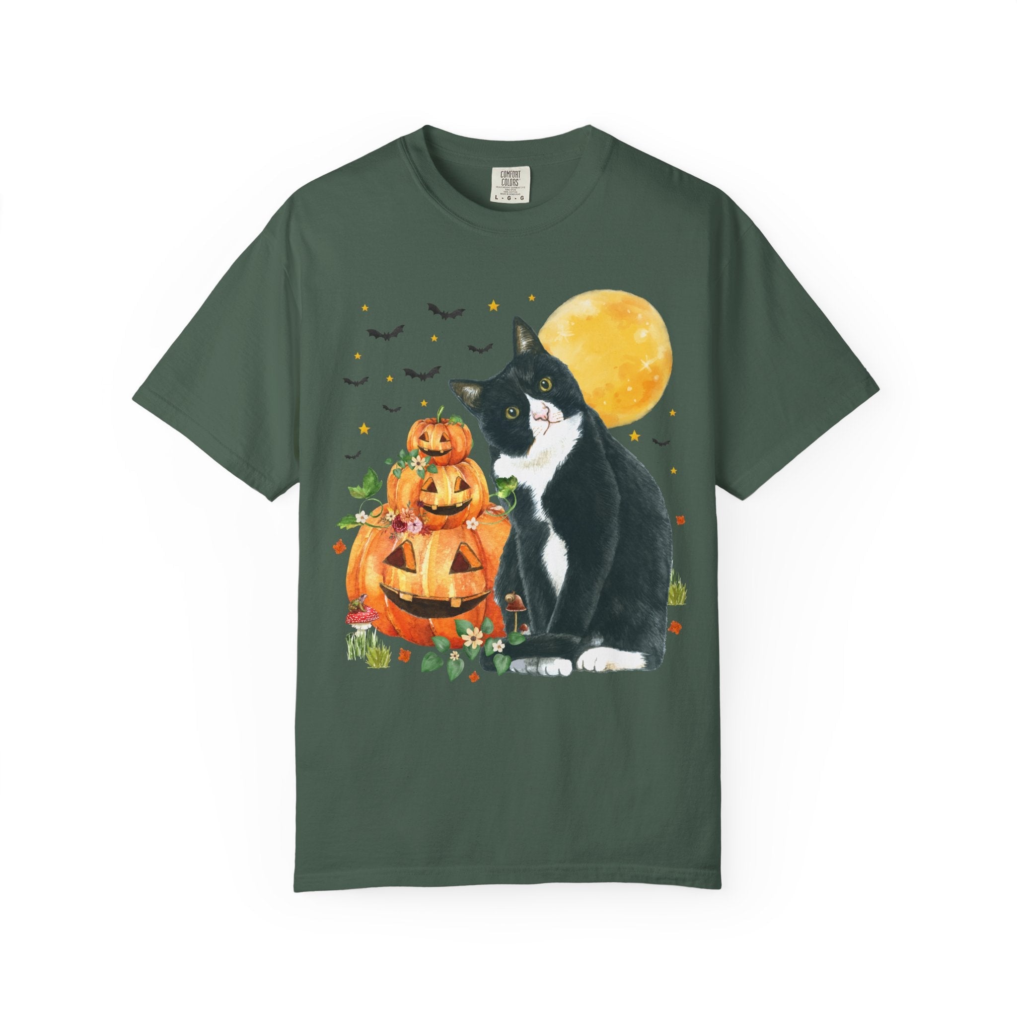 Halloween Cat Lover Tee Shirt with Pumpkins and Bats: 90s Aesthetic Goblincore Cat Mom or Cat Dad Tee for Spooky Season, Animal Lover Tee - Opal and June