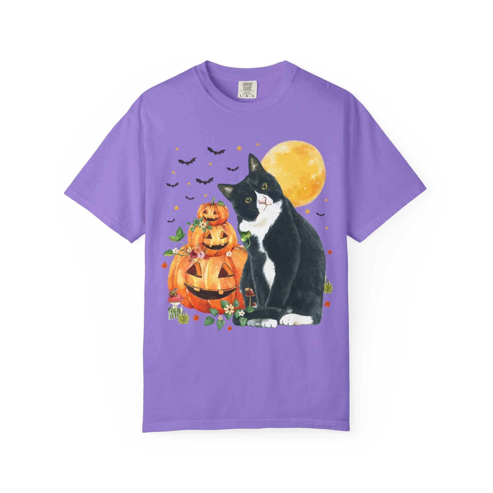 Halloween Cat Lover Tee Shirt with Pumpkins and Bats: 90s Aesthetic Goblincore Cat Mom or Cat Dad Tee for Spooky Season, Animal Lover Tee - Opal and June