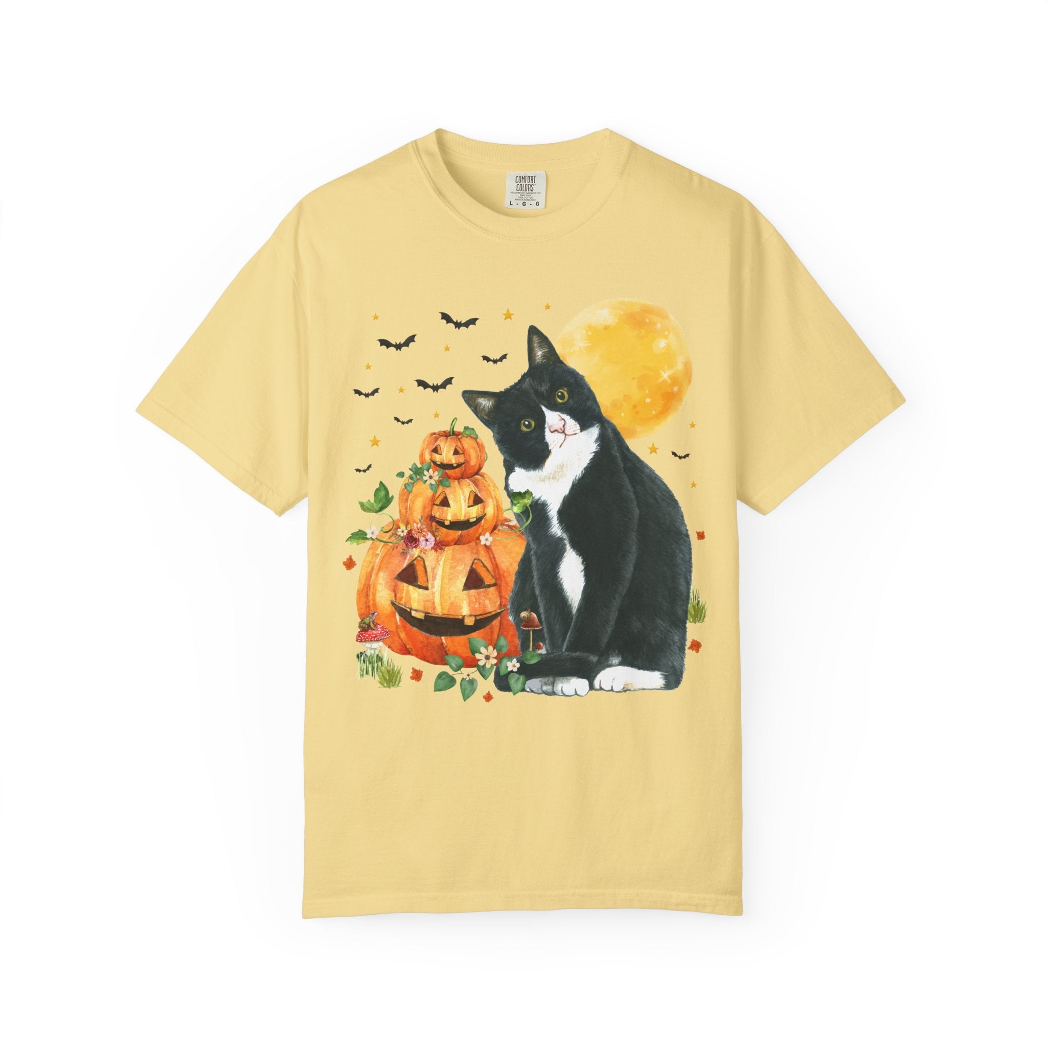 Halloween Cat Lover Tee Shirt with Pumpkins and Bats: 90s Aesthetic Goblincore Cat Mom or Cat Dad Tee for Spooky Season, Animal Lover Tee - Opal and June