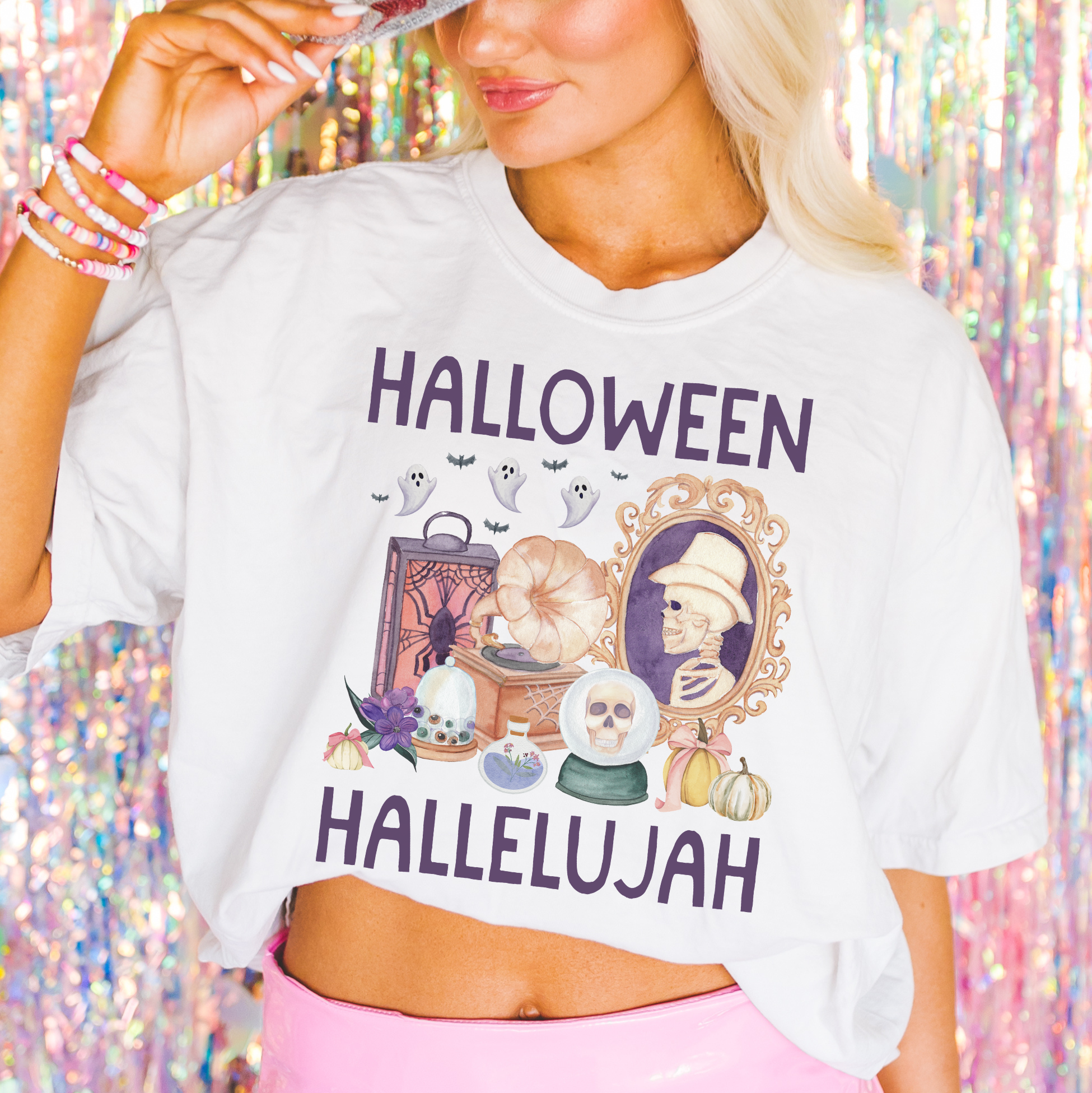 Halloween Hallelujah Funny Vintage Aesthetic T-Shirt for Spooky Season, Silly Goblincore Fall T-Shirt with Pumpkins Ghosts Skeletons Bats - Opal and June
