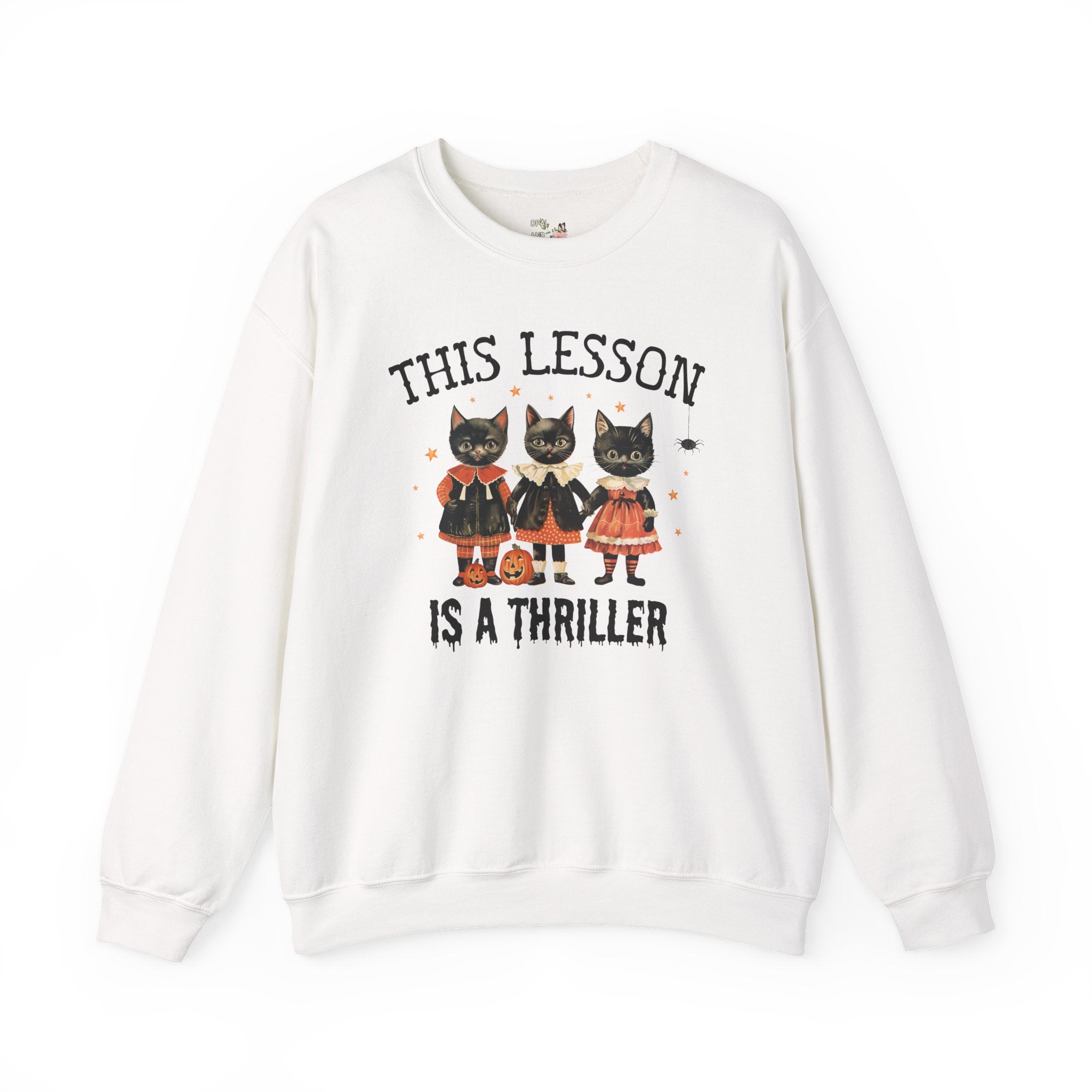 Halloween Teacher Sweatshirt with Cats: This Lesson is a Thriller, Funny High School Teacher Crewneck for Halloween, Middle School Teacher - Opal and June