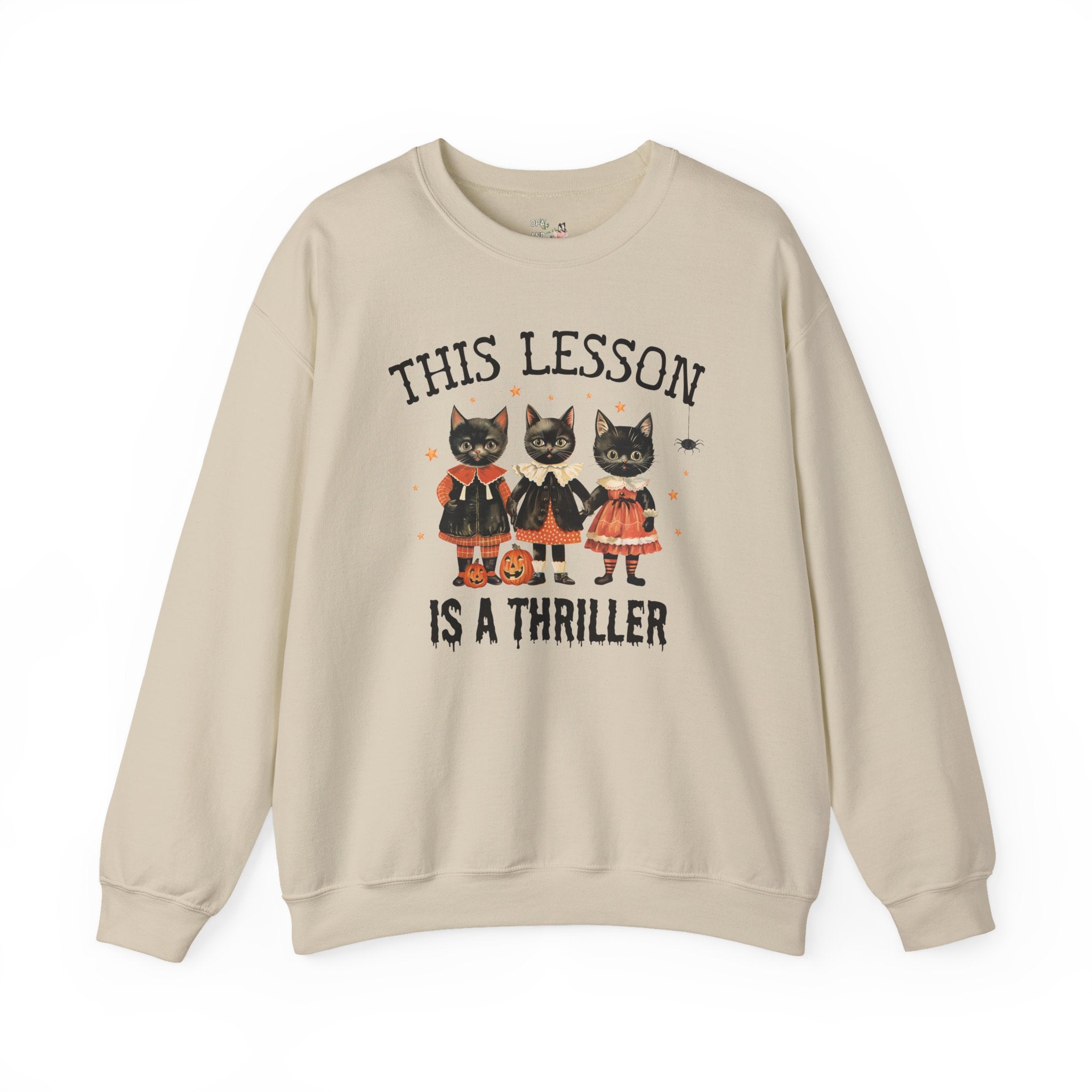Halloween Teacher Sweatshirt with Cats: This Lesson is a Thriller, Funny High School Teacher Crewneck for Halloween, Middle School Teacher - Opal and June