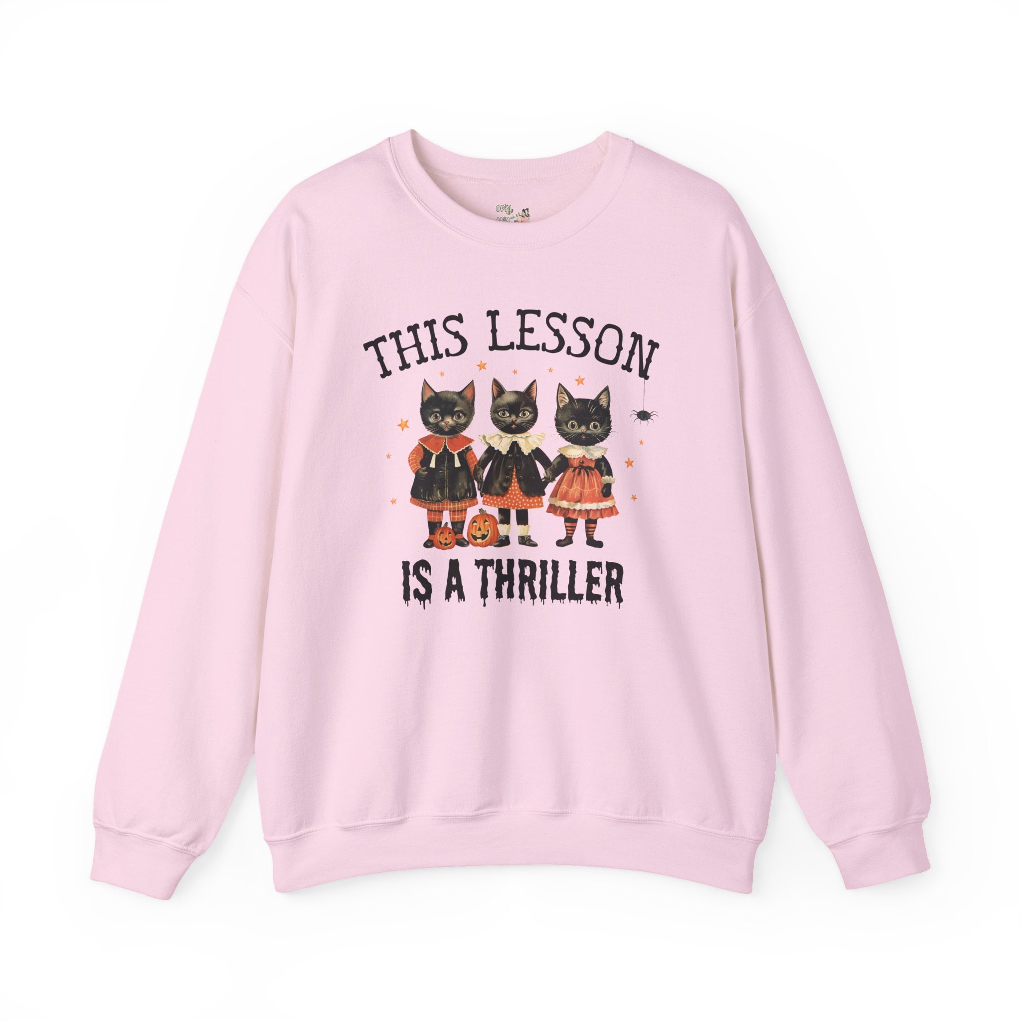 Halloween Teacher Sweatshirt with Cats: This Lesson is a Thriller, Funny High School Teacher Crewneck for Halloween, Middle School Teacher - Opal and June